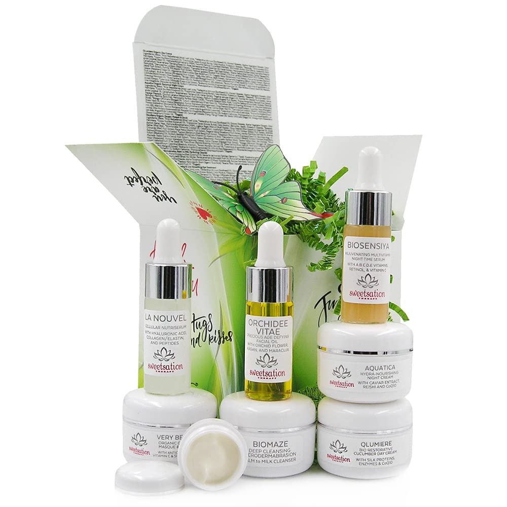 Sweetsation Therapy Box of Beauty Secrets. Travel collection of 8 Key Products. Facial Hyaluronic acid Serum, Facial Oil, Multi Vitamin Serum, Anti aging moisturizer, Eye cream.