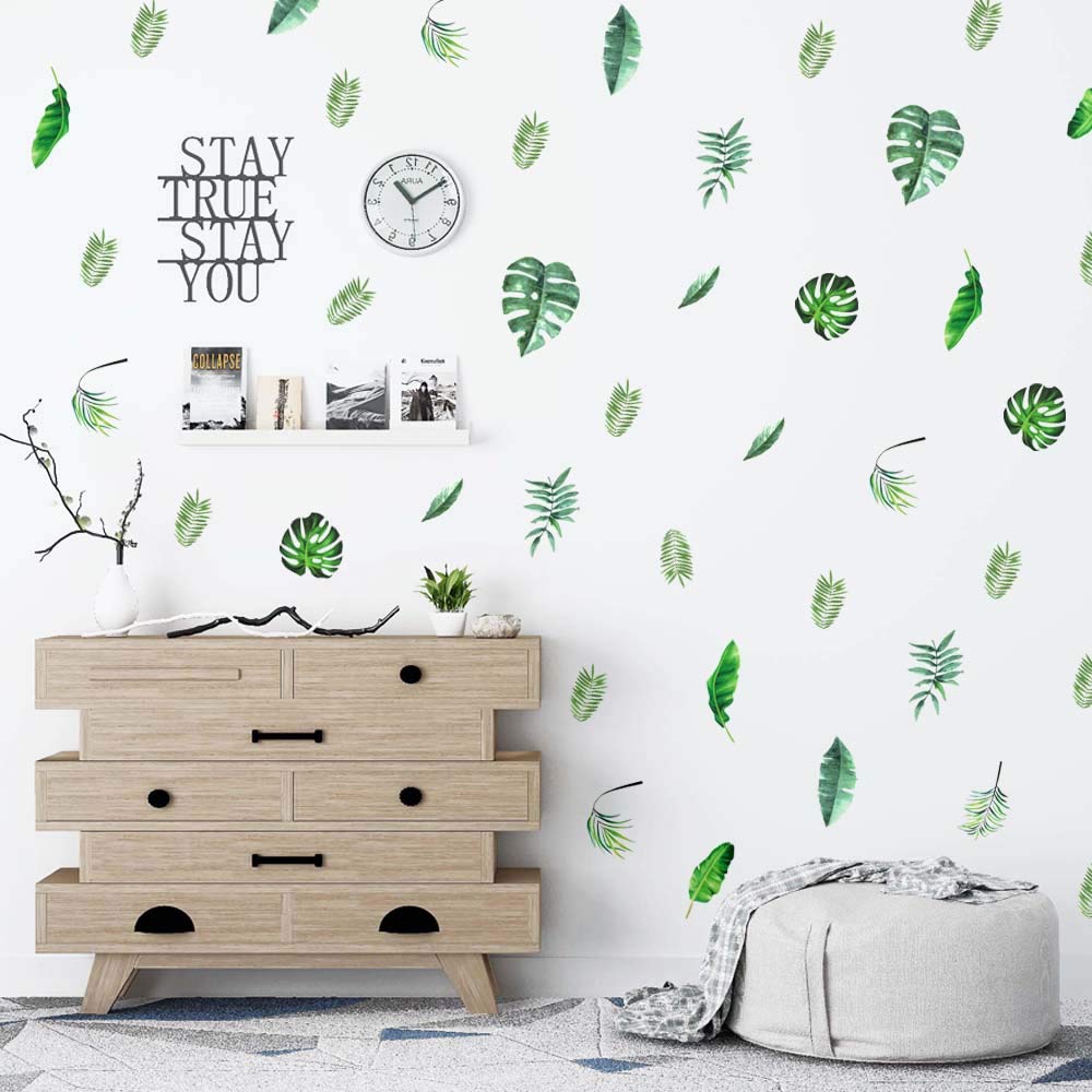 Leaf Wall Decals, H2MTOOL 64 PCS Removable Tropical Plants Tree Leaves Stickers for Kids Nursery Room Decor