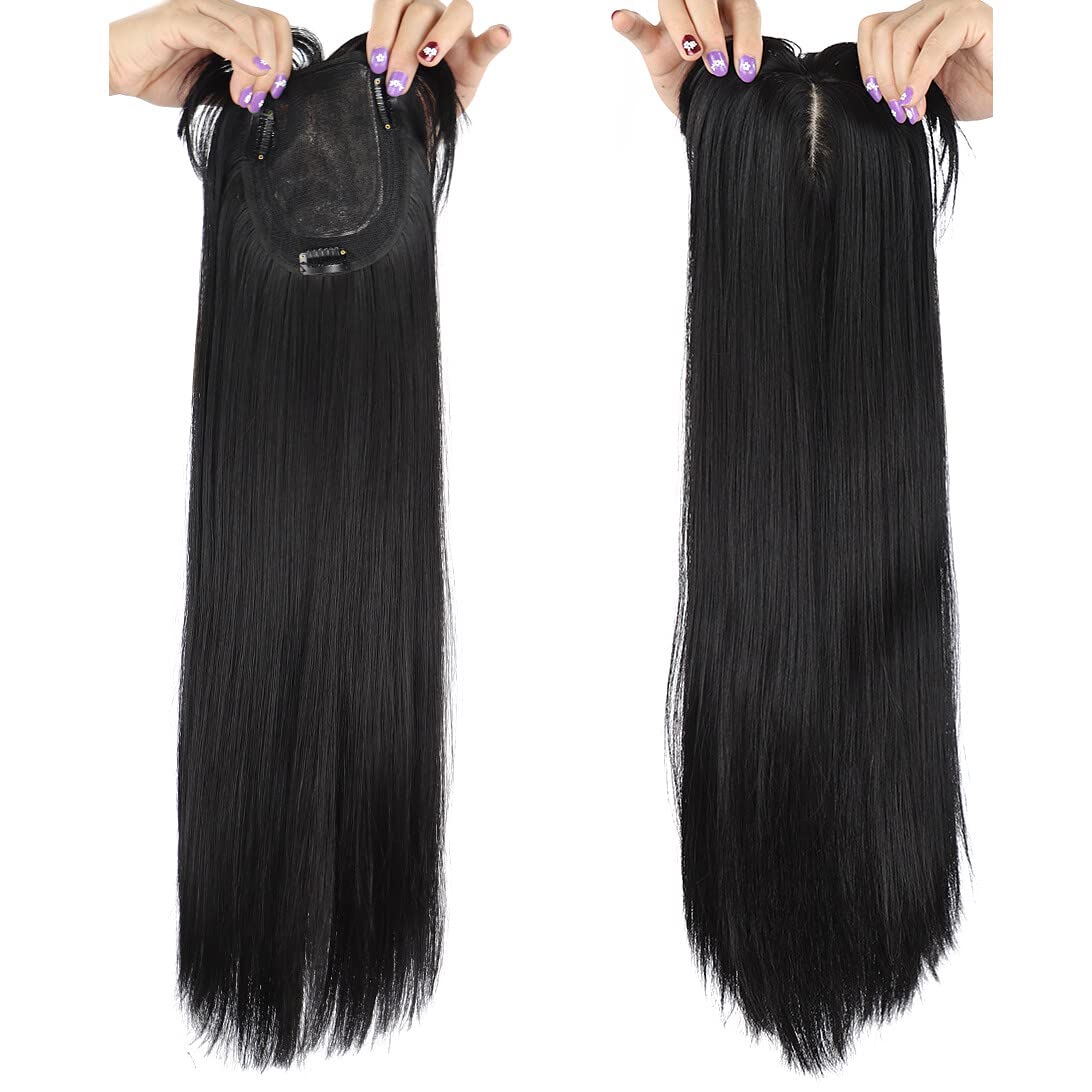 LesafeV 50cm Long Seamless Nature Look Clip in Hairpiece with Side-Fringe Extension Forehead Topper for Women with Thinning Hair Straight Black