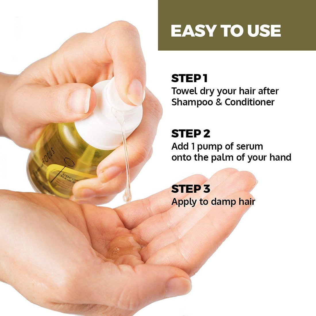 Perfect Hair Focus Coconut Oil Hair Serum - Infused with Raw Virgin Olive Oil, Sweet Almond, Keratin, Aloe and Algae Extract - Rejuvenate, Strengthen and Restore Hair to Natural Beauty - 50ml (1 Pack)