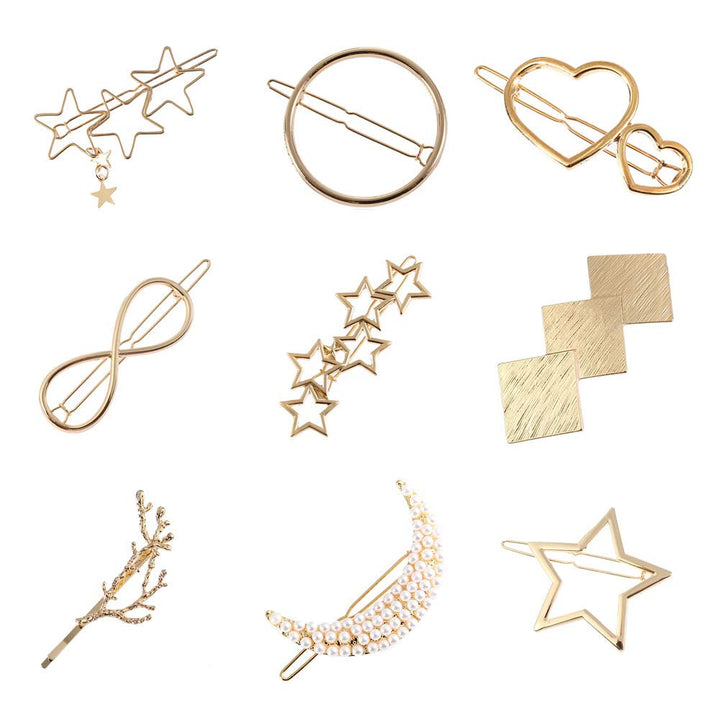 Angla Gold: Women Lady Girl Gold Minimalist Bowknot Oval Circle Moon Star Pearl Hair Clip Snap Barrette Comb Stick Claw Crab Clamp Hairpin (Gold)