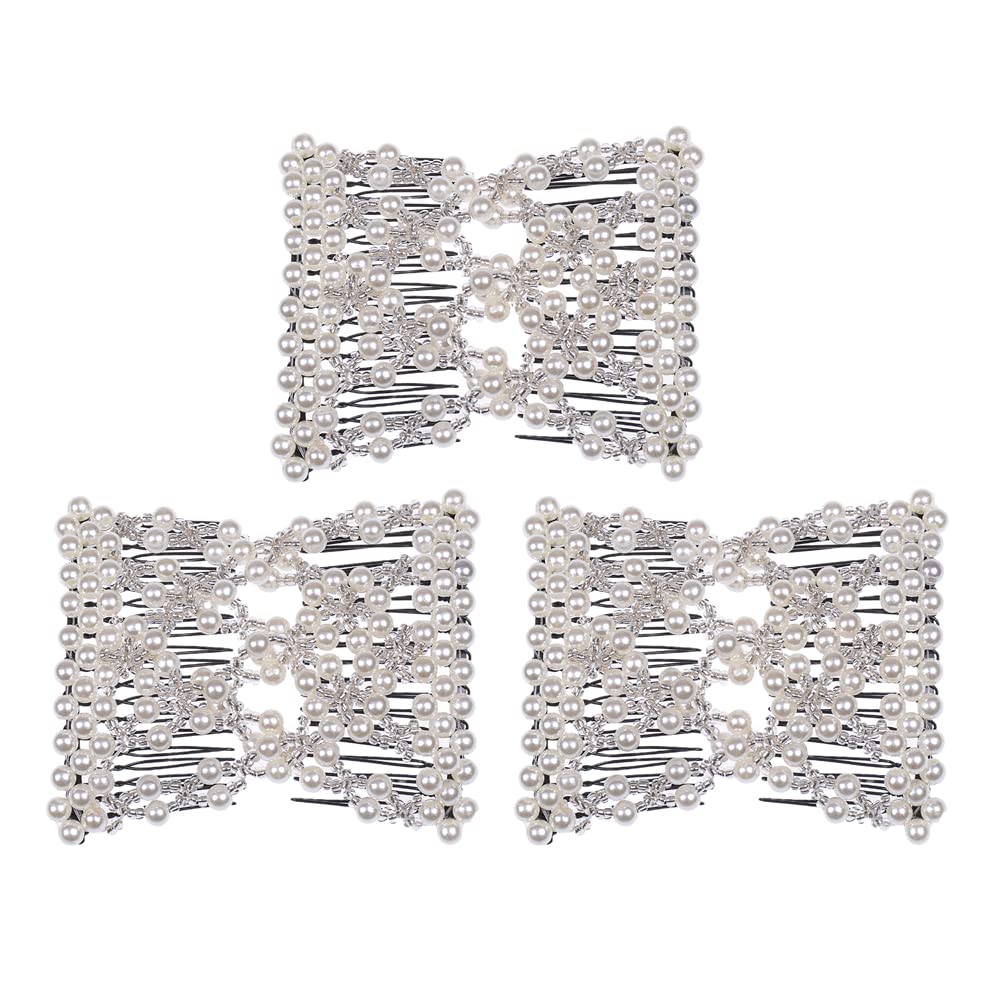 Lovef 3 Pcs Fashion Exquisite Beaded Ez Stretchable Combs Flower Pearl Double Hair Combs Magic Crystal Double Clips Insert Combs for Lady Women Girls