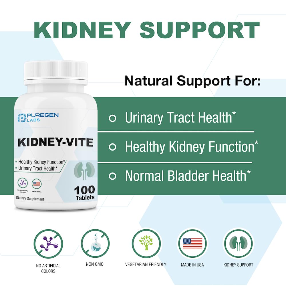 Puregen Labs Kidney-Vite | Premier Kidney, Renal Support | Non-GMO, Gluten-Free, No Artificial Color Additives | 2 Pack – Total 200 Tablets