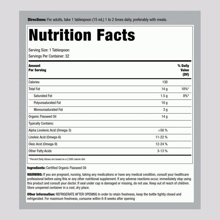 Piping Rock Flaxseed Oil | 16 fl oz | with Omega 3, 6, & 9 | Organic Cold Pressed | Non GMO, Gluten Free Supplement