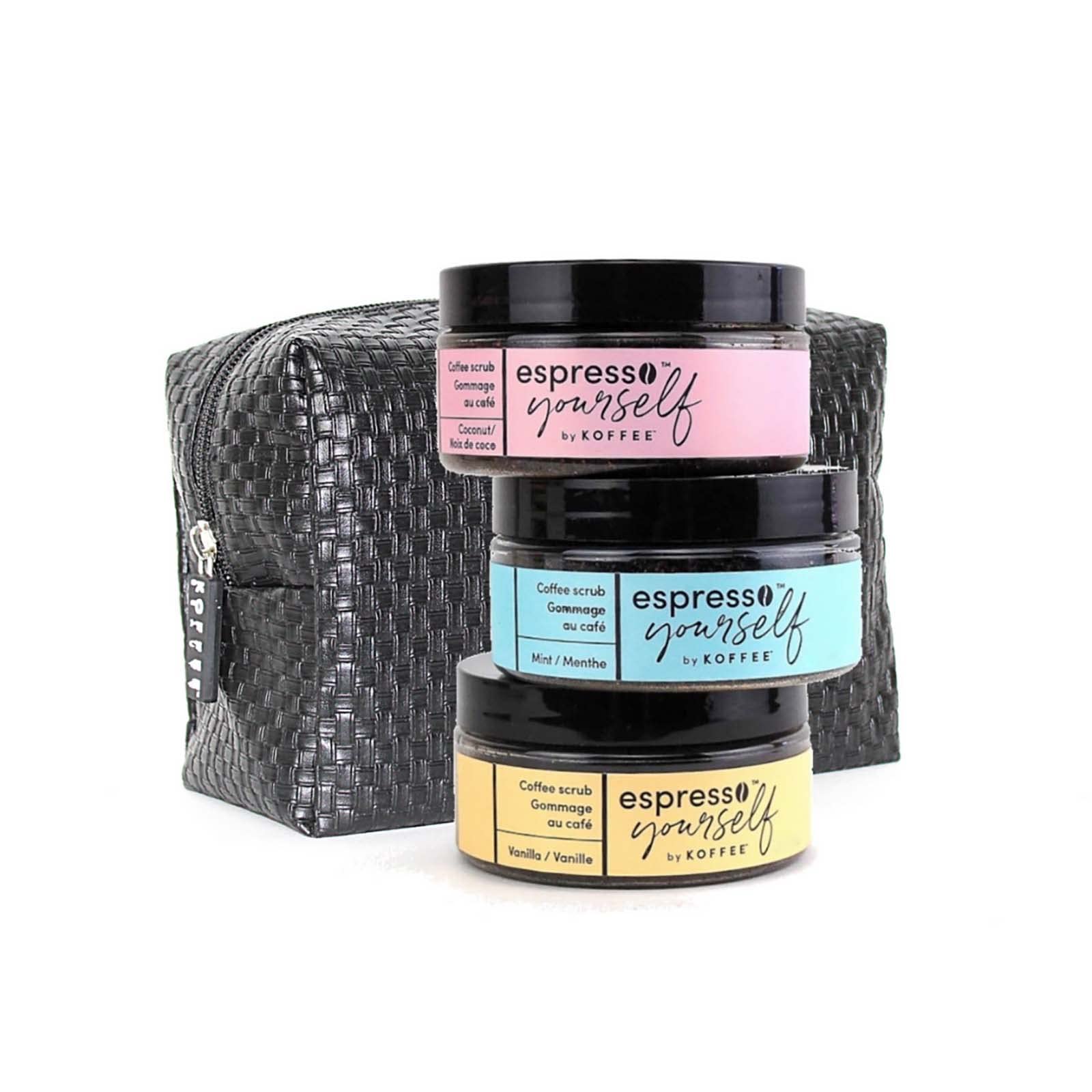 Koffee Beauty Espresso Yourself Iconic Trio - Exfoliating Body And Face Scrub Set - Polish And Smooth Skin With Ease - Invigorate Senses With Coconut, Vanilla, And Mint Fragrance Formula - 3 Pc