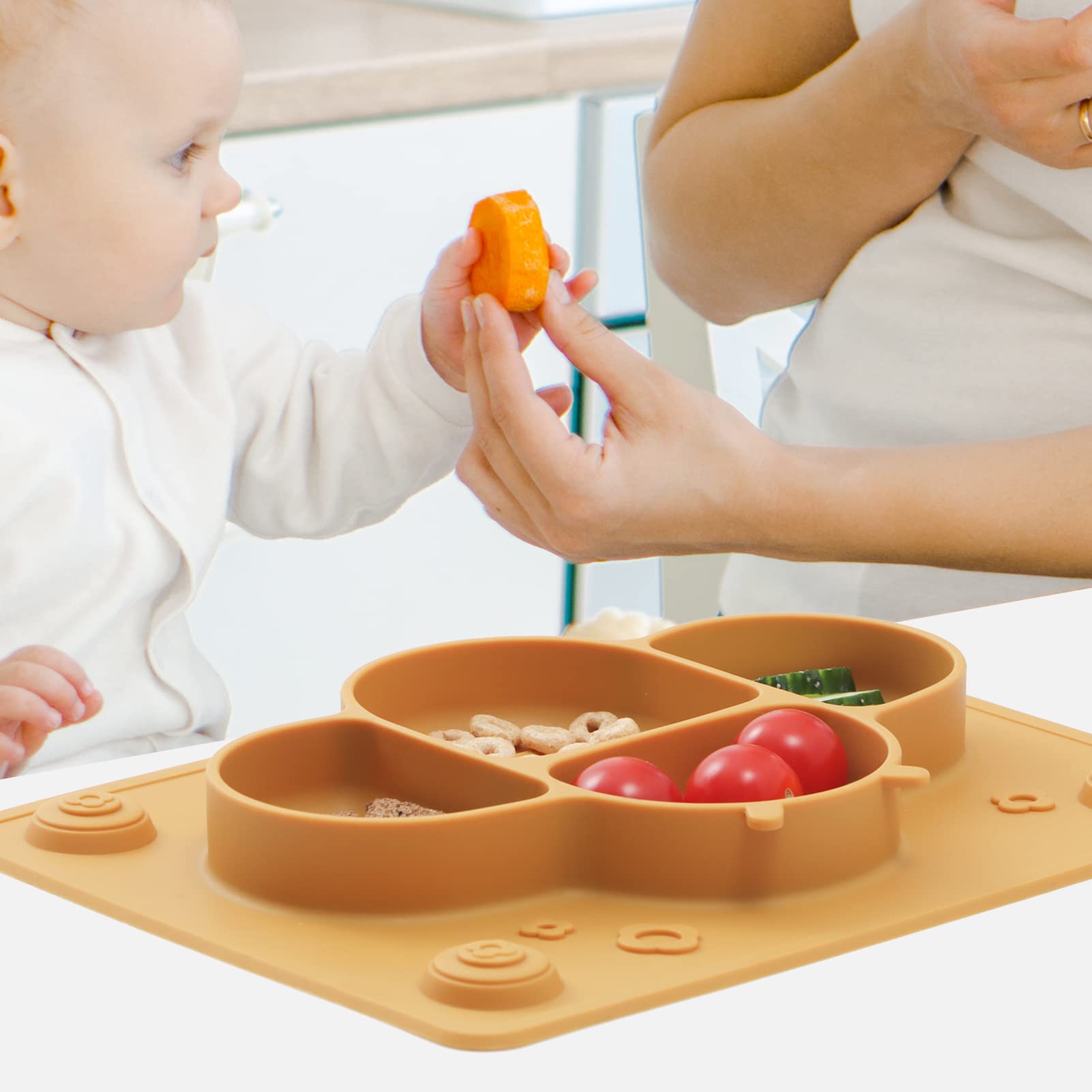 ROCCED Suction Plates for Baby Placemat Spoon Fork Set for Toddlers, Silicone Baby Plates with Suction Baby Dishes for Kids Plates-mustard