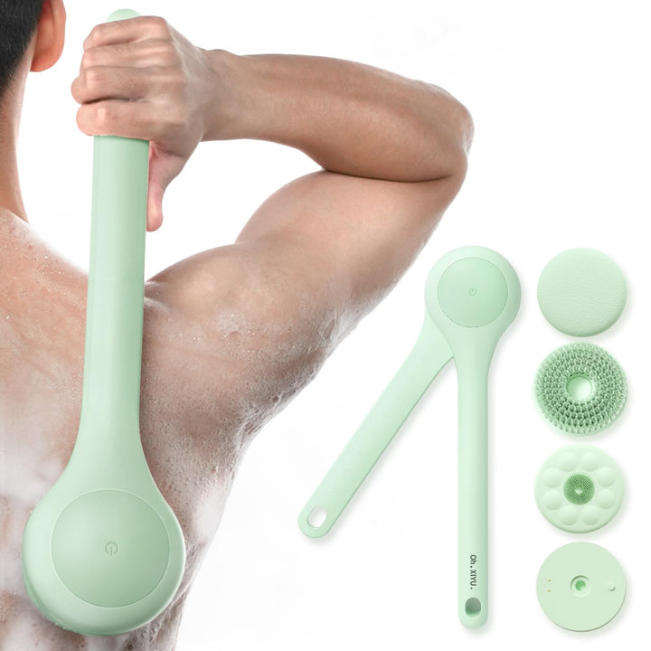Oh,XIYU. Electric Body Brush Back Scrubber for Shower, Waterproof Long Dual Handle Power Body Scrubber with 3 Heads, Rechargeable Bath Brush & 2 Speeds, for Cleansing, Exfoliating and Massaging Skin