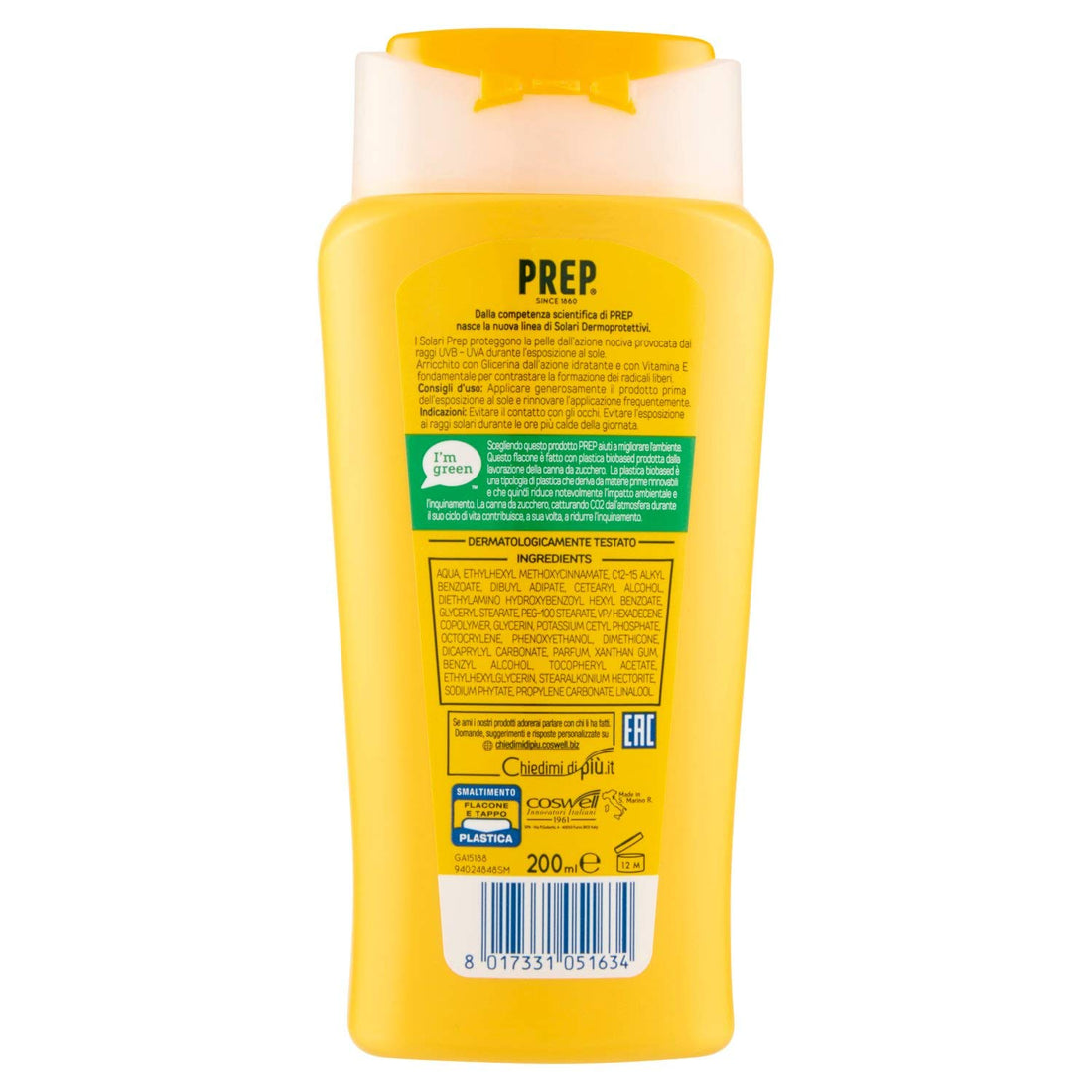 PREP: Dermaprotective Sun Milk, with Vitamin E, 20 SPF - 6.76 Fluid Ounces (200mL) Bottle [ Italian Import ]