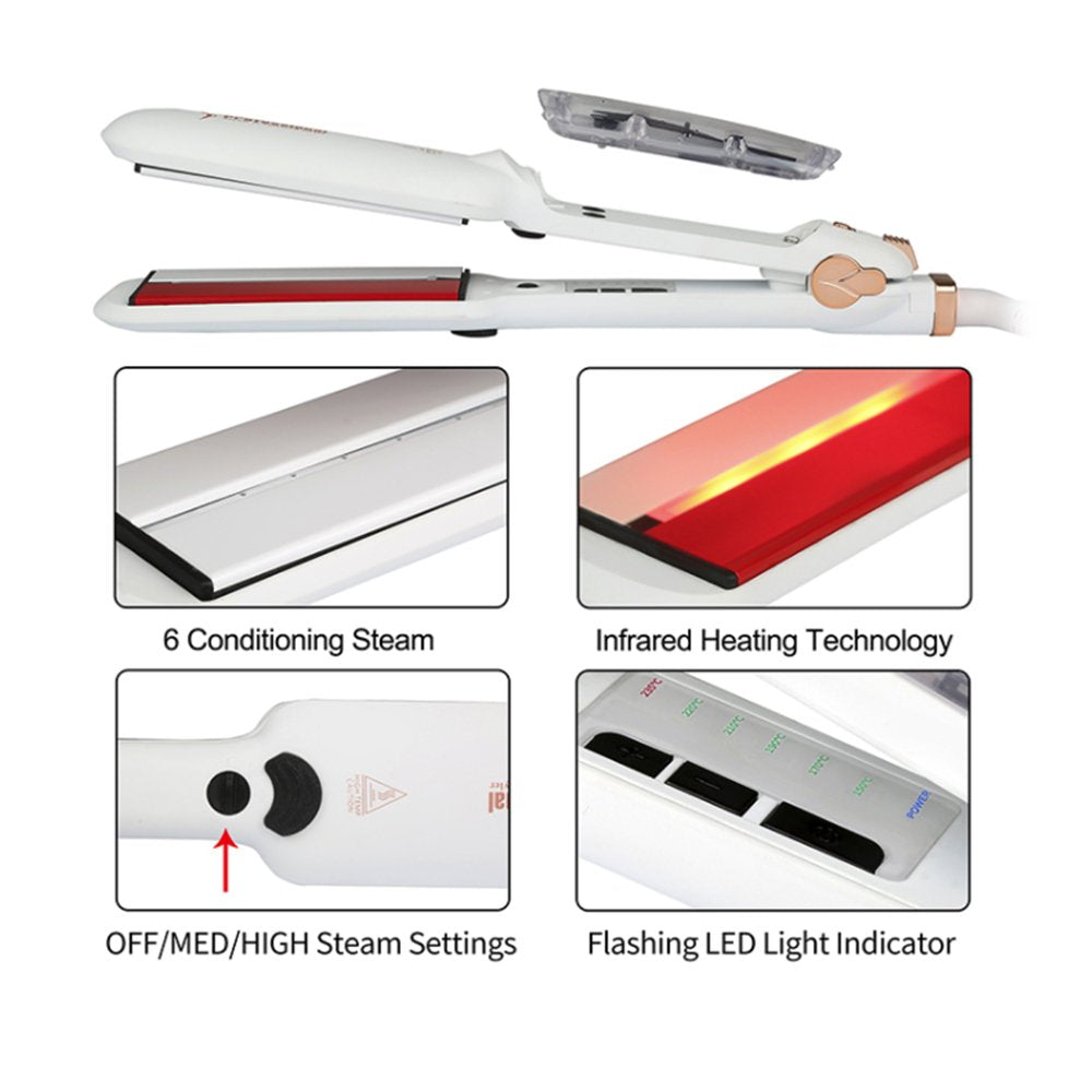 DORISILK Professional Infrared Steam Flat Iron Hair Straightener 2 inch Wide Tourmaline Ceramic Plate, Vapor Instant Heat Up with Adjustable Temperature, Dual Voltage (White)