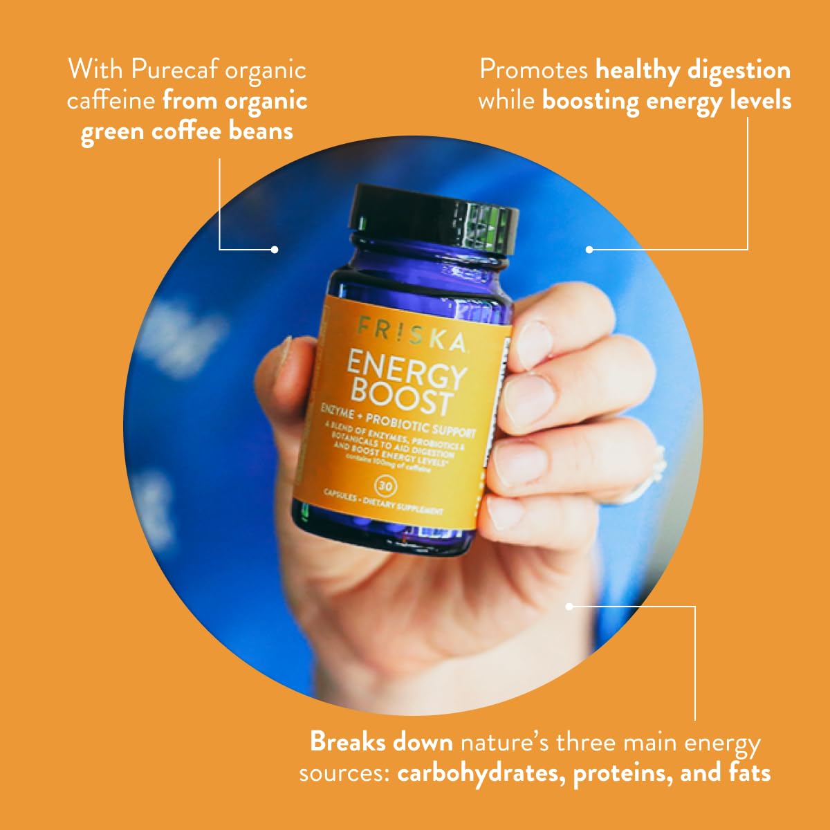 FRISKA Energy Boost Enzyme and Probiotics Supplement, Promotes Better Digestion and Energy for Men and Women, Gut Health, 30 Capsules