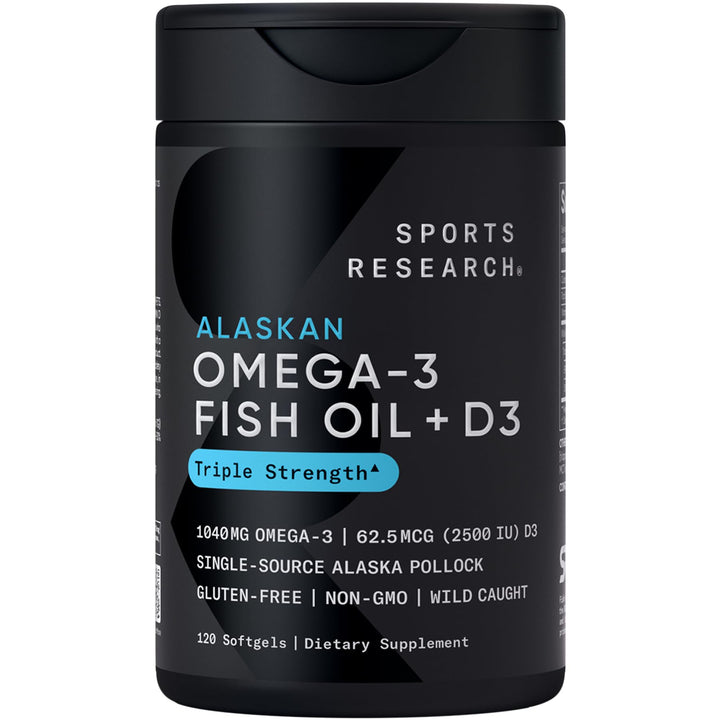 Sports Research Triple Strength 1040mg Omega-3 from Wild Alaska Pollock with Vitamin D3 2500iu | 2-in-1 Vitamin D & Omega DHA Fish Oil Supplement Supporting Heart Health - 120 Softgels