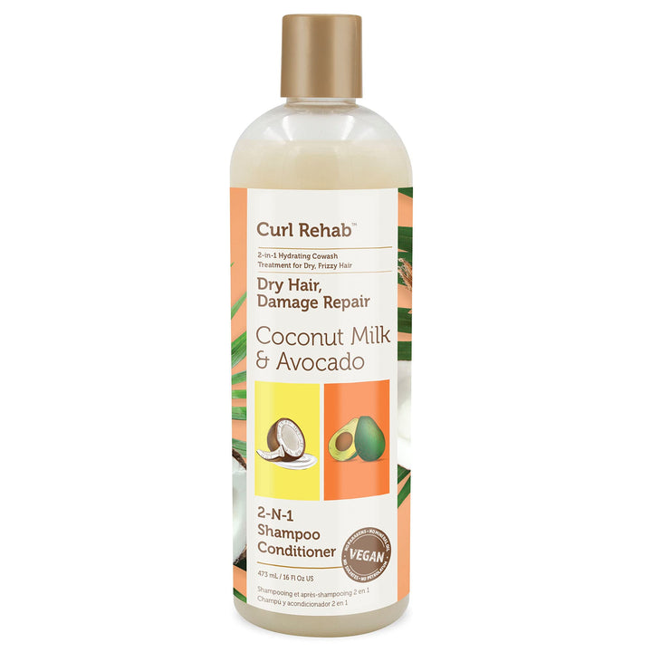 Curl Rehab Dry Hair/Damage Repair Treatment 2 in 1 Shampoo Conditioner, Enriched with Coconut Milk & Avocado, 16 Oz