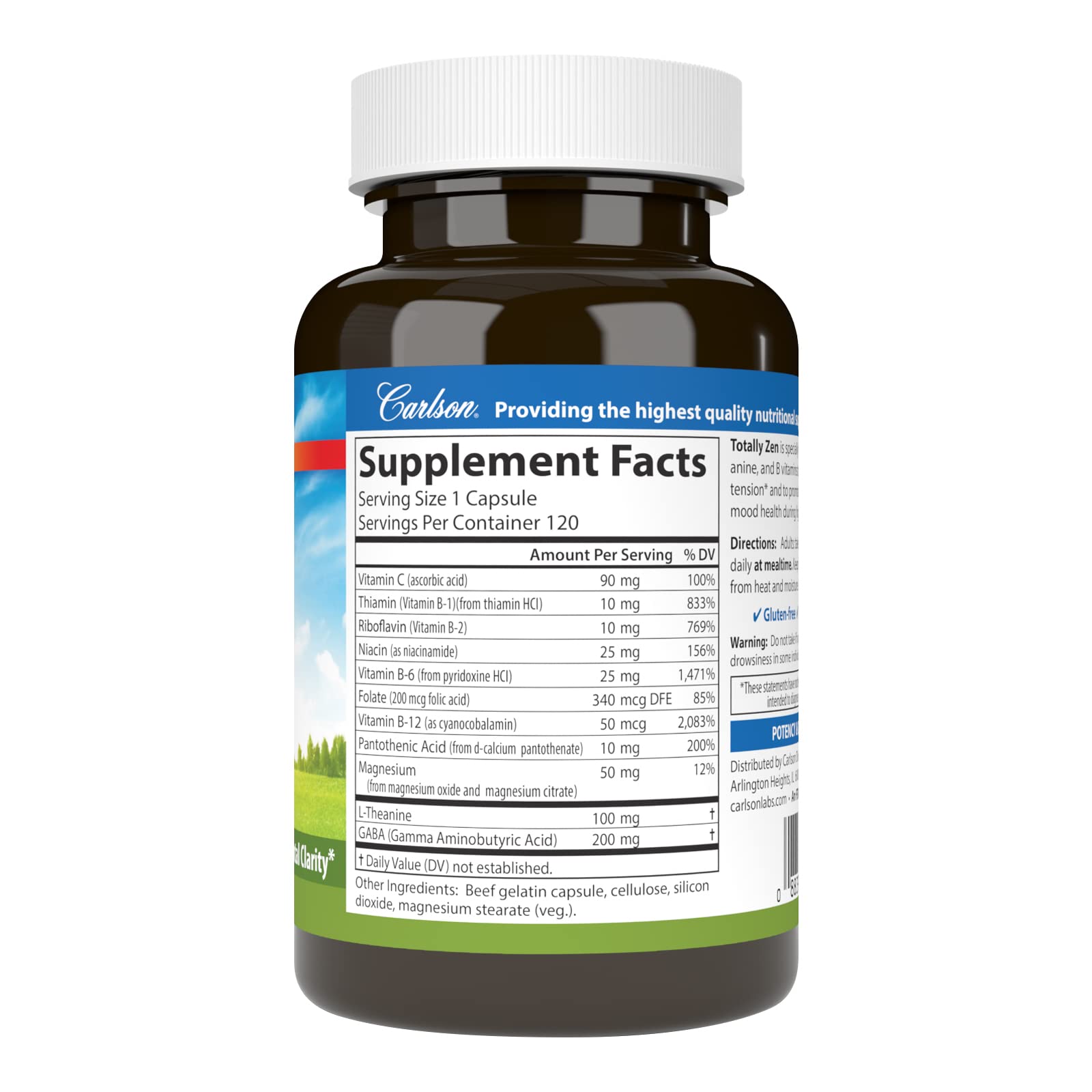 Carlson - Totally Zen, GABA, L-Theanine & B Vitamins, Healthy Mood, Promotes Calmness & Mental Clarity, 120 Capsules