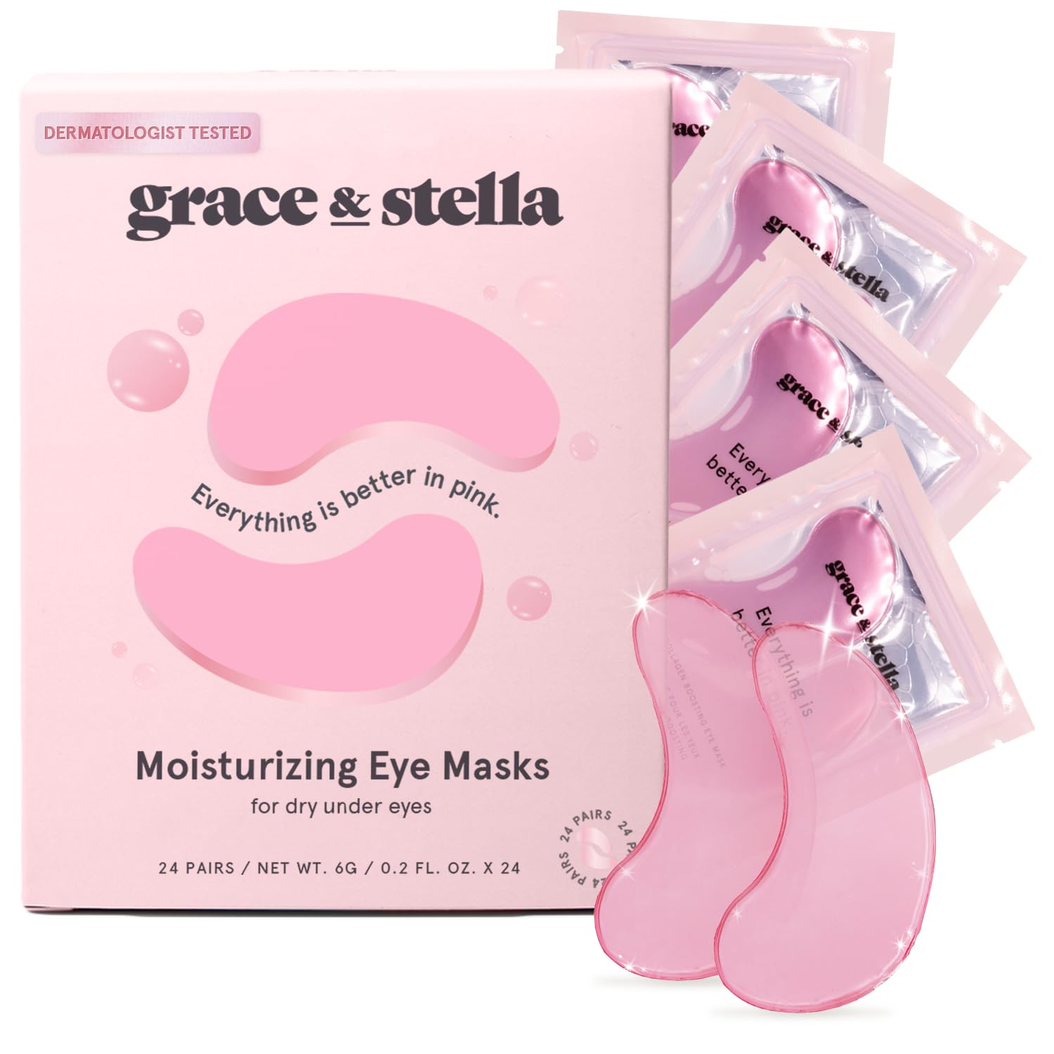 Under Eye Patches For Puffy Eyes (24 Pairs) - Vegan Energizing Under Eye Mask- Pink Eye Masks for Dark Circles, Eye Bags, and Puffiness - by grace and stella