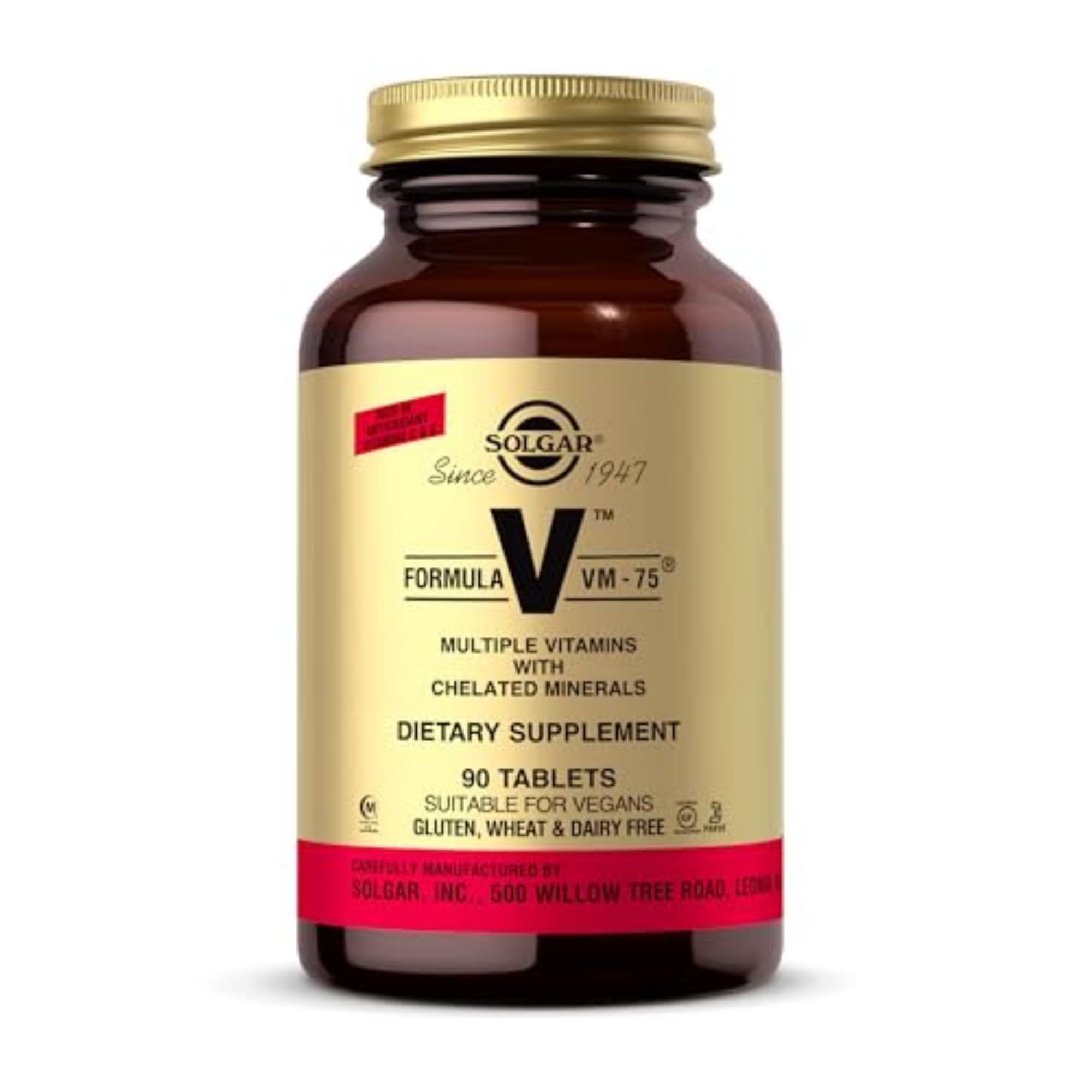 Solgar Formula VM-75, 90 Tablets - Multivitamin with Chelated Minerals - Vitamin A, B6, B12, C, D, E - Biotin, Magnesium, Calcium, Iron, Zinc, - Vegan, Gluten Free, Dairy Free, Kosher - 90 Servings