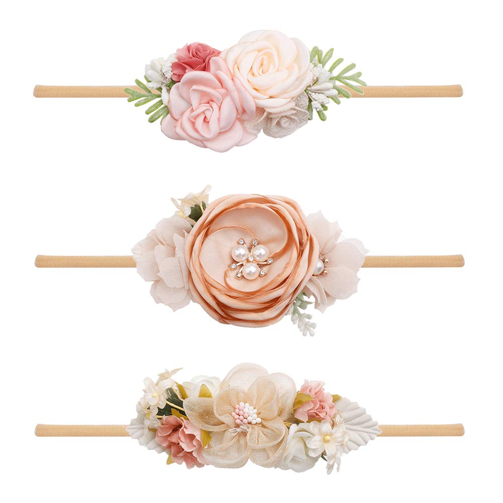 cherrboll 3pcs Baby Girl Headbands Flowers, Super Soft & Stretchy Nylon Floral Hairbands for Newborn Toddler