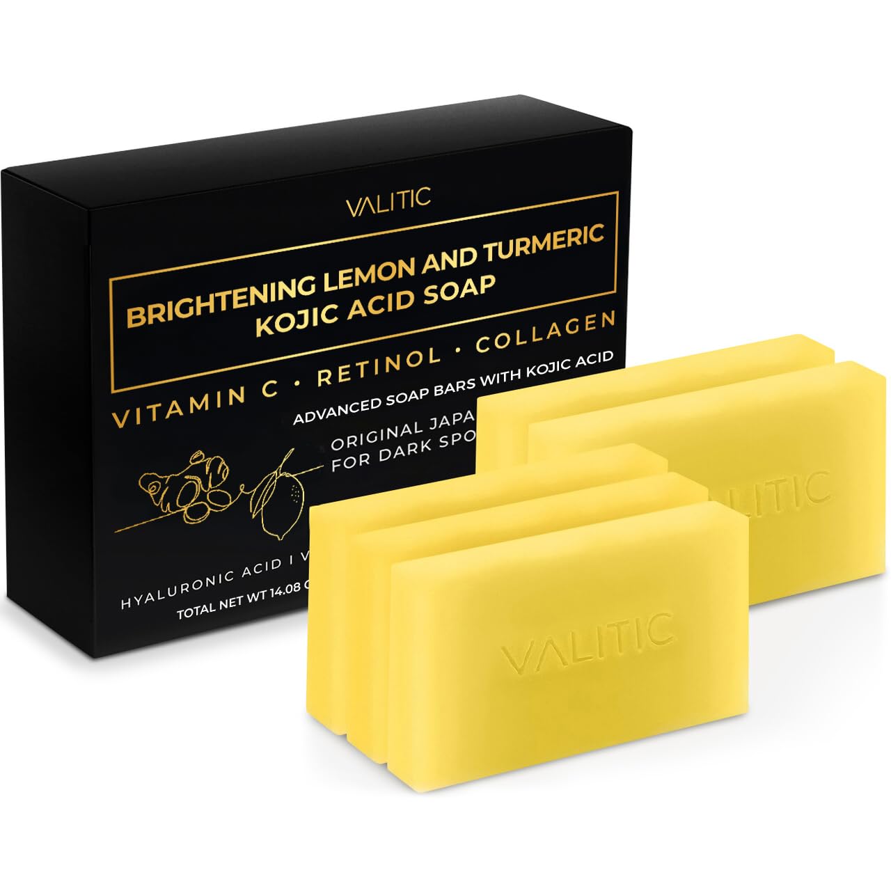 VALITIC Brightening Lemon & Turmeric Kojic Acid Soap with Vitamin C, Retinol, Collagen - Original Japanese Complex Infused with Hyaluronic Acid, Vitamin E, Shea Butter, Castile Olive Oil (5 Pack)