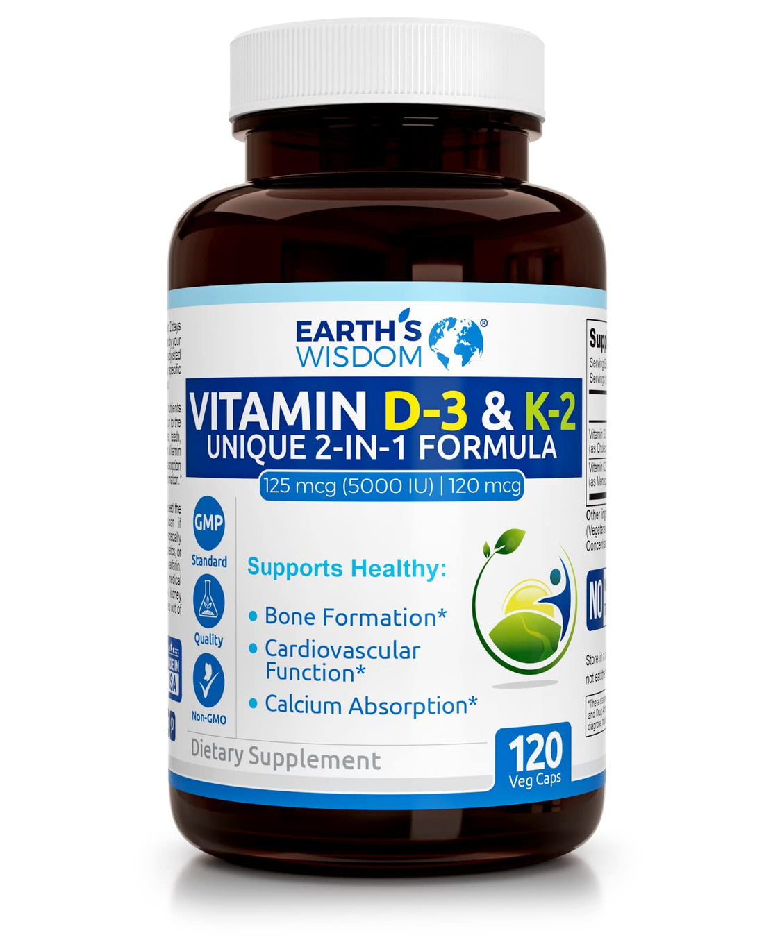 Earth's Wisdom Vitamin D3 5000 IU with K2 (MK7) Formula. Muscle, Bone, Heart & Immune Support. Superior Absorption. 120 Capsules. Free from Gluten, Dairy, Soy. Non-GMO. Manufactured in USA.