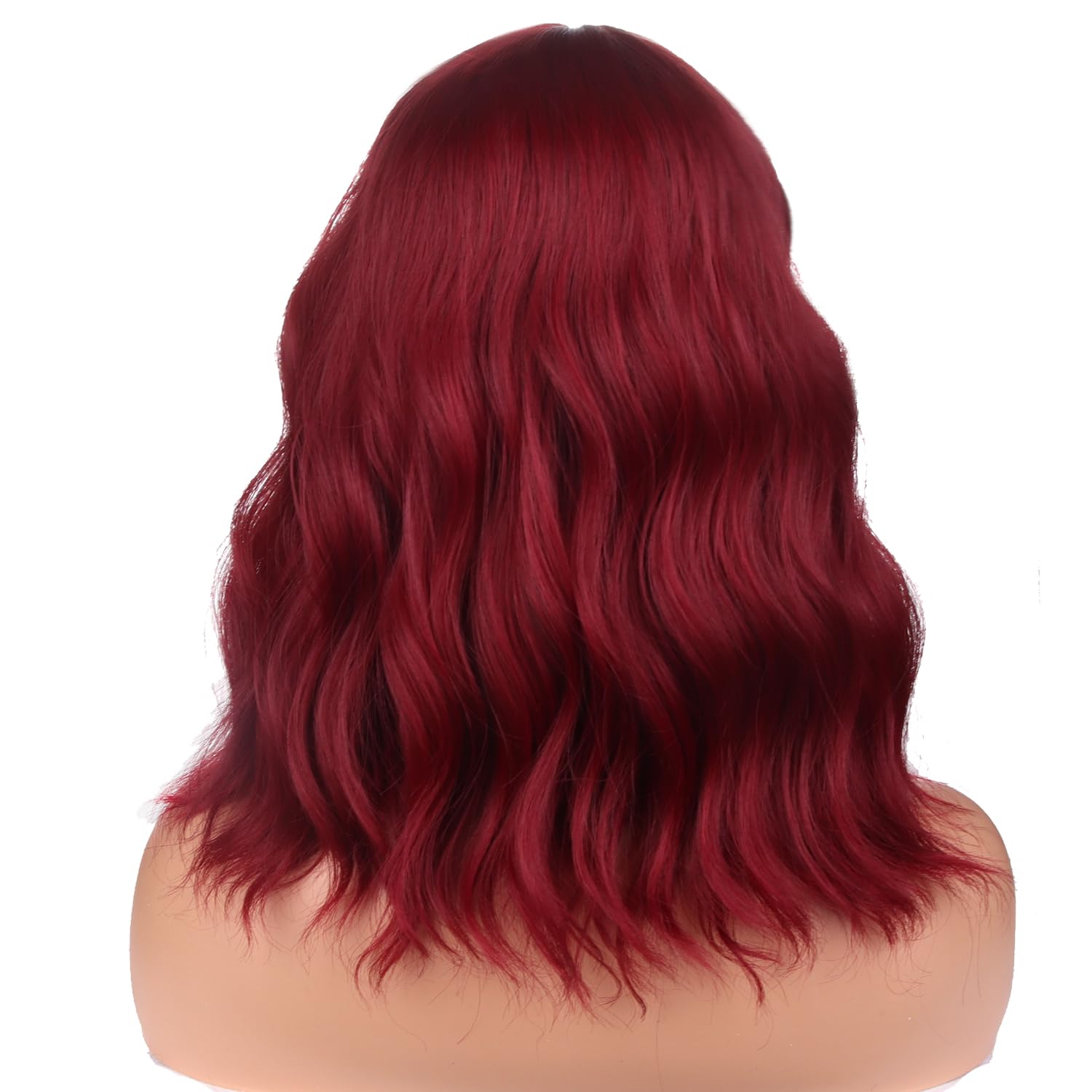 RightOn 14'' Short Curly Women Girl's Charming Synthetic Wig with Air Bangs + Free Wig Cap (Wine Red)