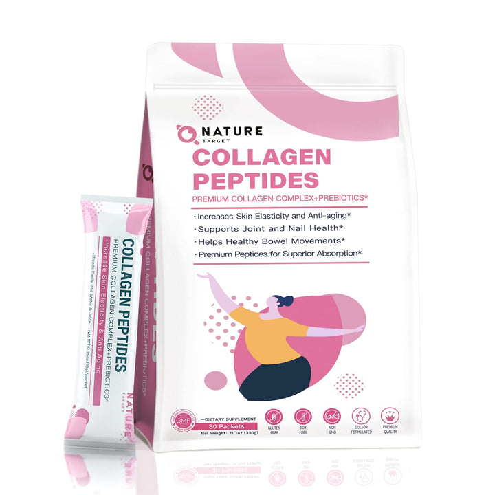 NATURE TARGET Multi Collagen Peptides Powder - Type I, II, III, V, X - Enhanced Absorption, Hydrolyzed Collagen Peptides with Prebiotics, Sugar-Free, Support Skin Hair Nail & Joint, Non-GMO