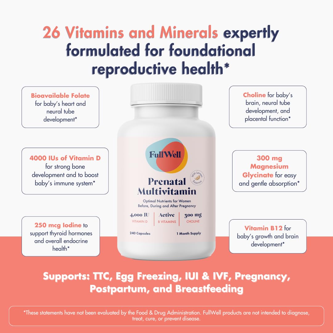 FullWell Prenatal Vitamins Lemon | choline, folate, vitamin D for fetal growth, brain development | 26 Vital Nutrients | Dietitian-formulated, OBGYN recommended, non-GMO, 3rd Party tested, 60 Servings