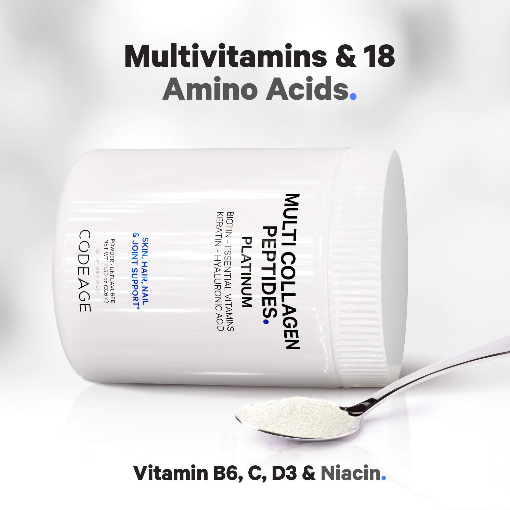 Codeage Multi Collagen for Women & Men Biotin 10000mcg Keratin, Protein Powder Vitamin C B6 D3, Hyaluronic Acid, Niacin - Hydrolyzed Collagen Coffee Creamer 5 Types - Unflavored - Non-GMO - 11.5oz