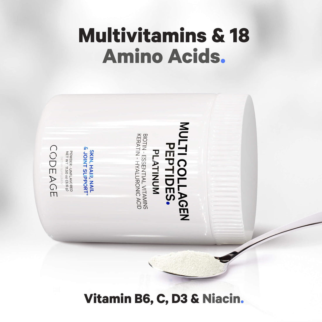 Codeage Multi Collagen for Women & Men Biotin 10000mcg Keratin, Protein Powder Vitamin C B6 D3, Hyaluronic Acid, Niacin - Hydrolyzed Collagen Coffee Creamer 5 Types - Unflavored - Non-GMO - 11.5oz