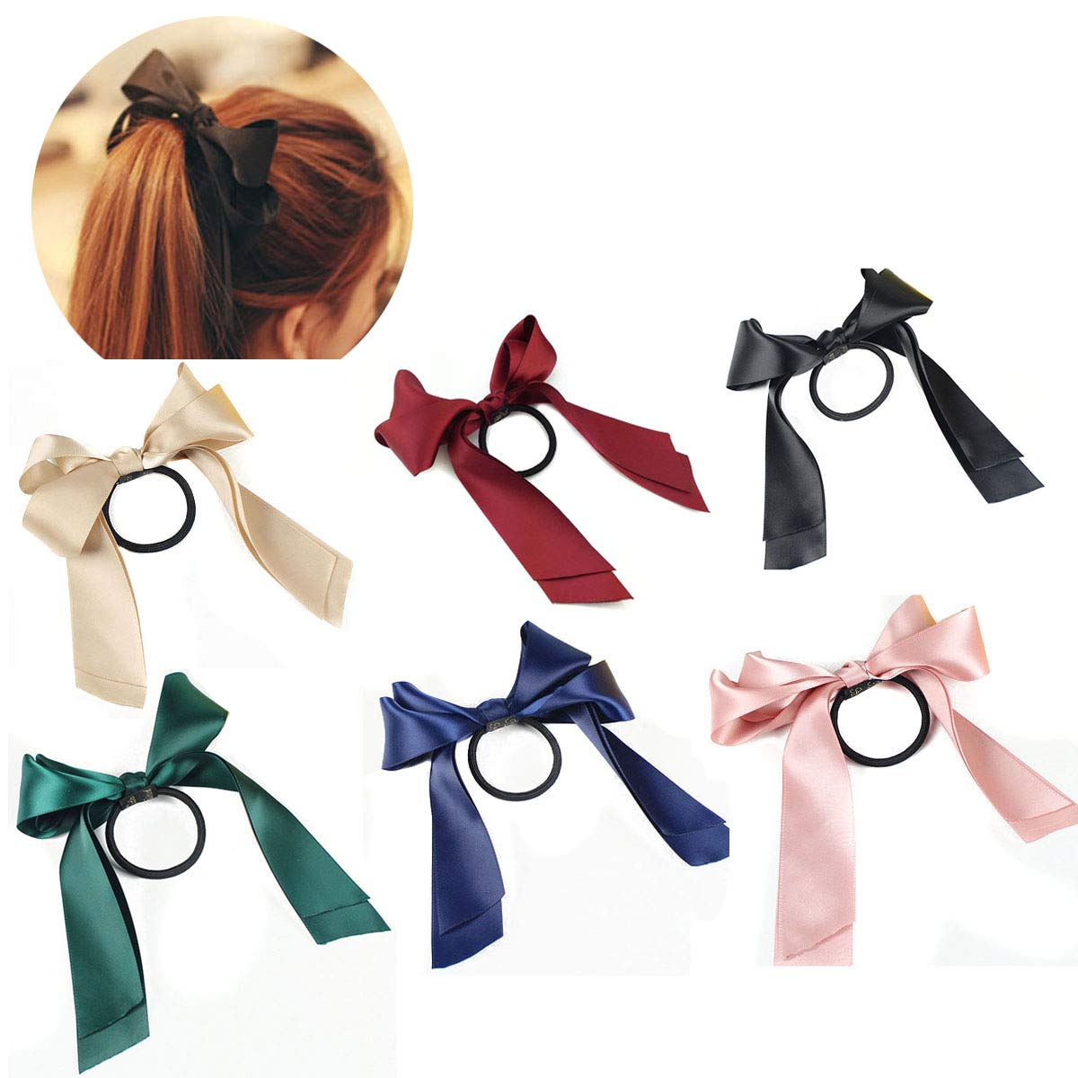 6 PCS Women Lady Satin Ribbon Bow Hair Rope Head Wrap Headbands Elastics Hair Tie Ponytail Holders Hair Accessories Headdress