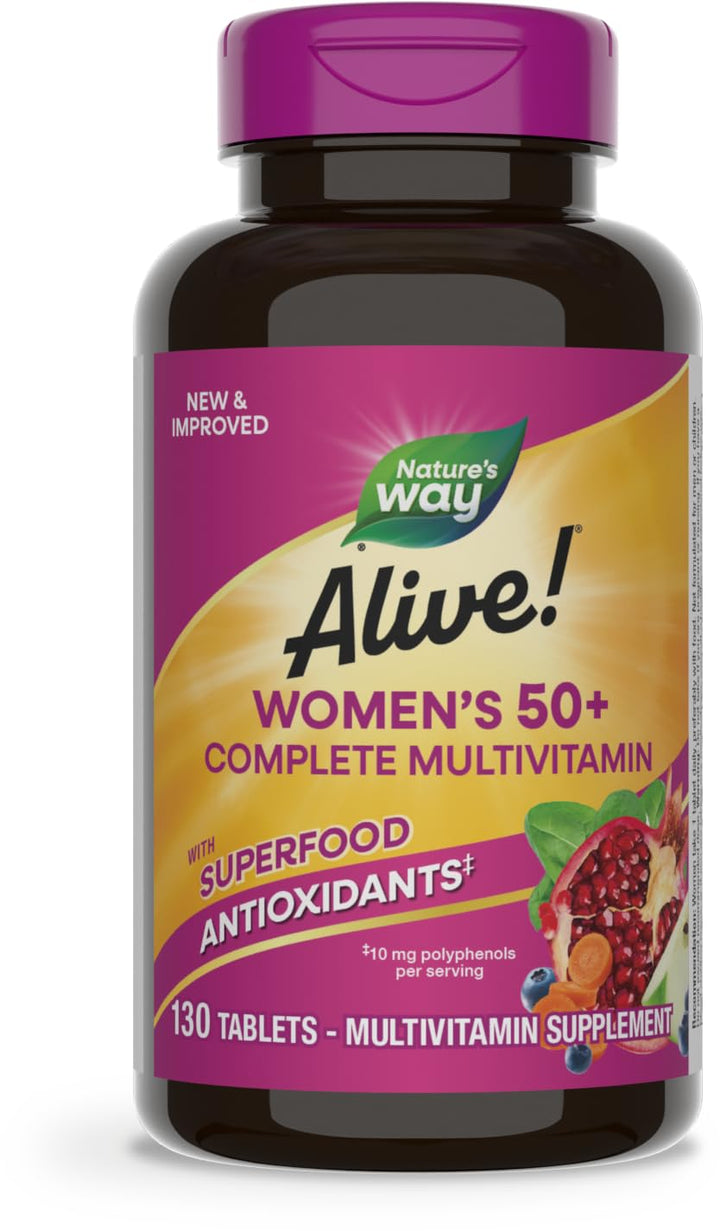 Nature's Way Alive! Women's 50+ Complete Multivitamin, Supports Healthy Heart, Brain, Bones*, Superfood Antioxidants**, B-Vitamins, Gluten Free, 130 Tablets (Packaging May Vary)