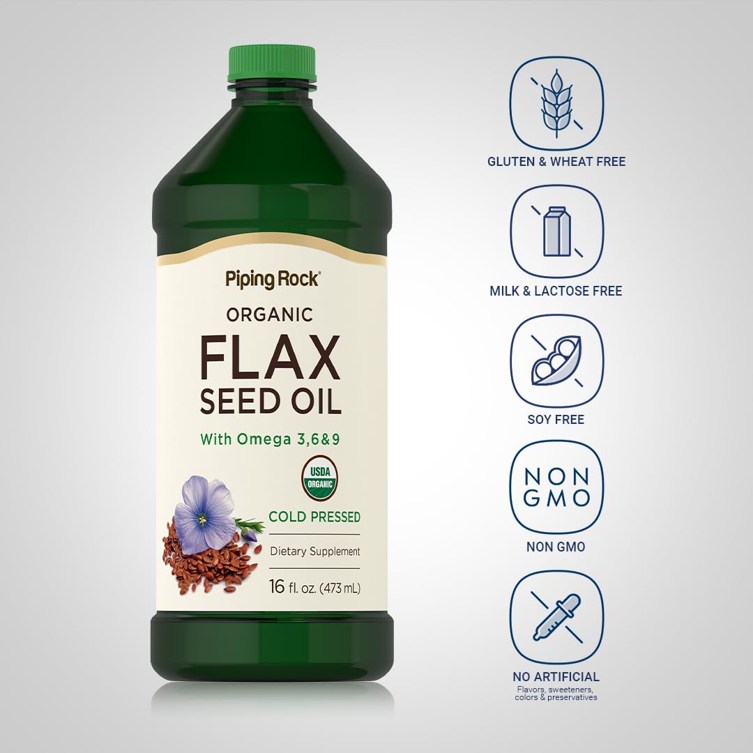 Piping Rock Flaxseed Oil | 16 fl oz | with Omega 3, 6, & 9 | Organic Cold Pressed | Non GMO, Gluten Free Supplement