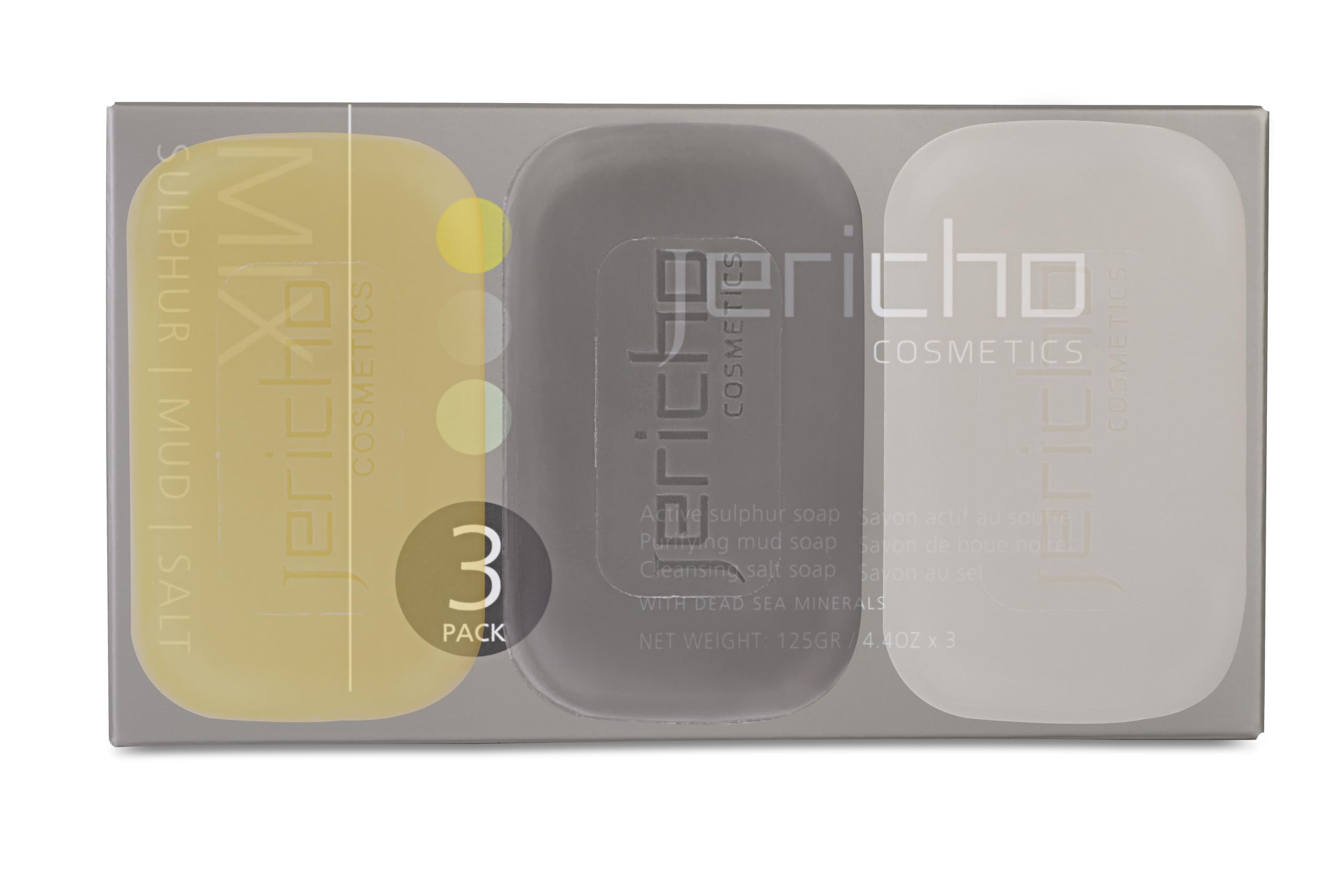 Jericho Cosmetics Natural Soap Variety Pack – 3 Bars (Sulfur, Dead Sea Mud, and Mineral-Rich) – Dead Sea Minerals, Vegan, & Triple Milled for All Skin Types – 3 x 4.4 oz Bars