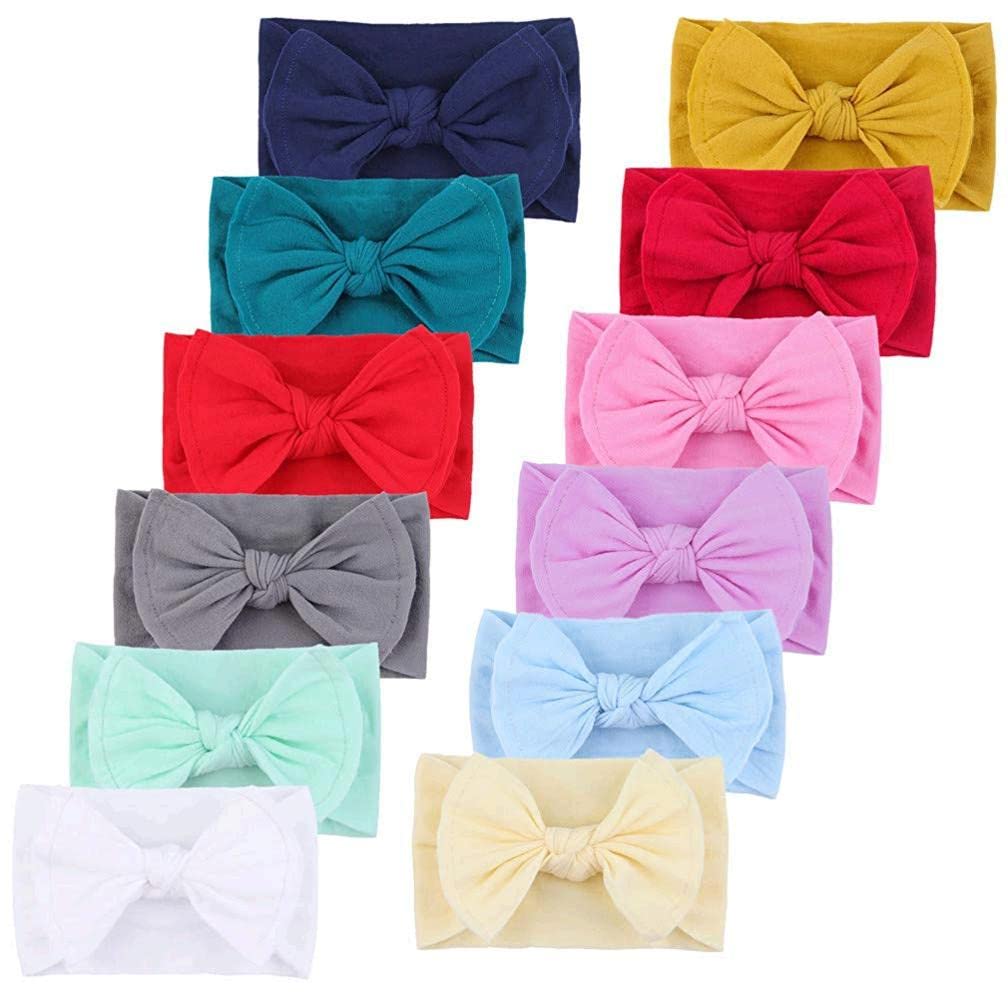 QandSweet Baby Nylon Headbands Newborn Bows Soft Head Wraps for Infant Toddler Girls 12-Pack