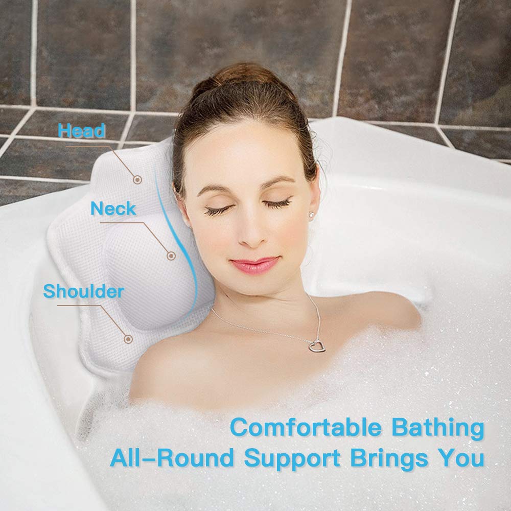 Bathtub Spa Pillow, Non-Slip 4 Strong Suction Cups, Bath Pillows for Tub, Head, Neck, Shoulder Support, Breathable Relax Comfort