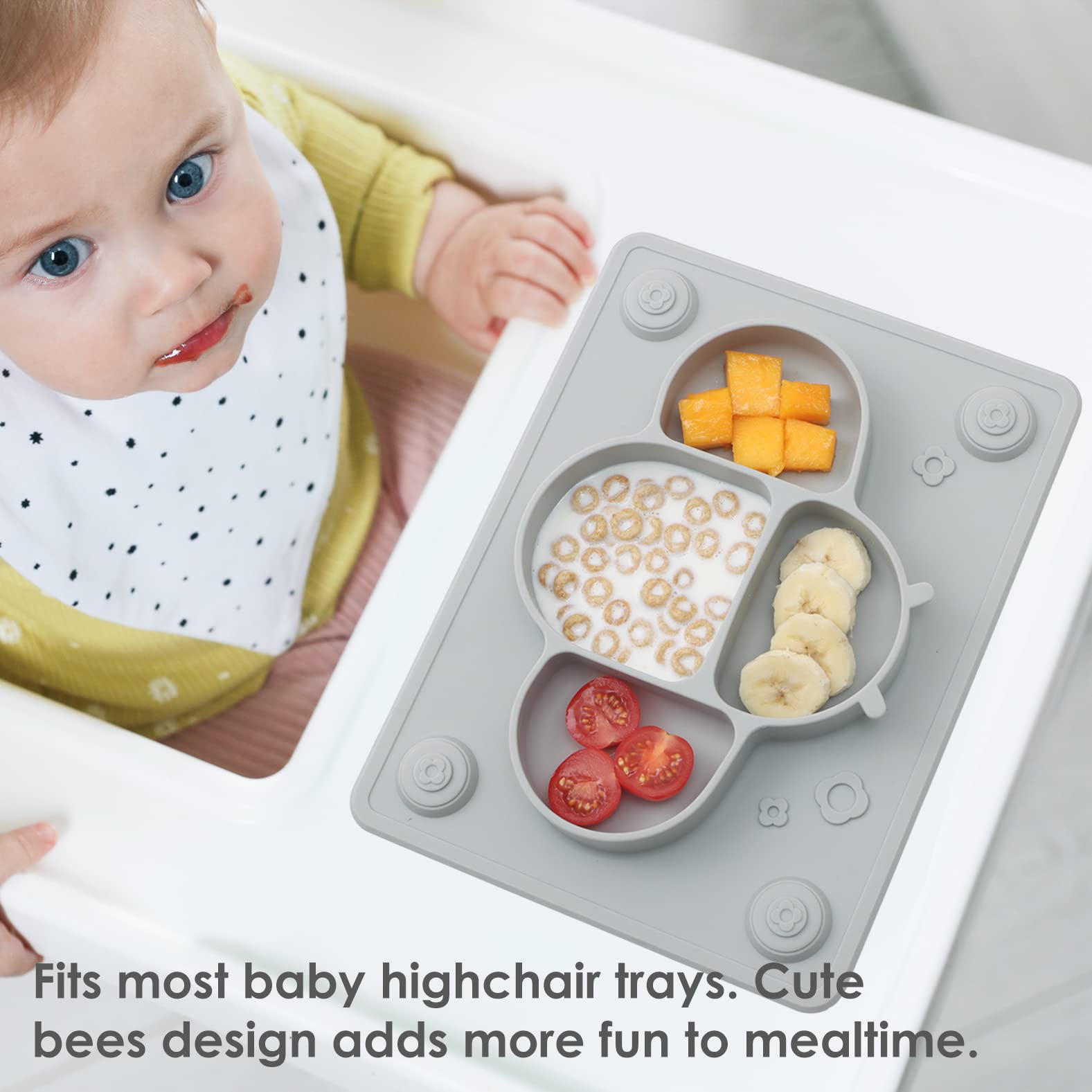 ROCCED Suction Plates for Baby Placemat Spoon Fork Set for Toddlers, Silicone Baby Plates with Suction Baby Dishes for Kids Plates-grey