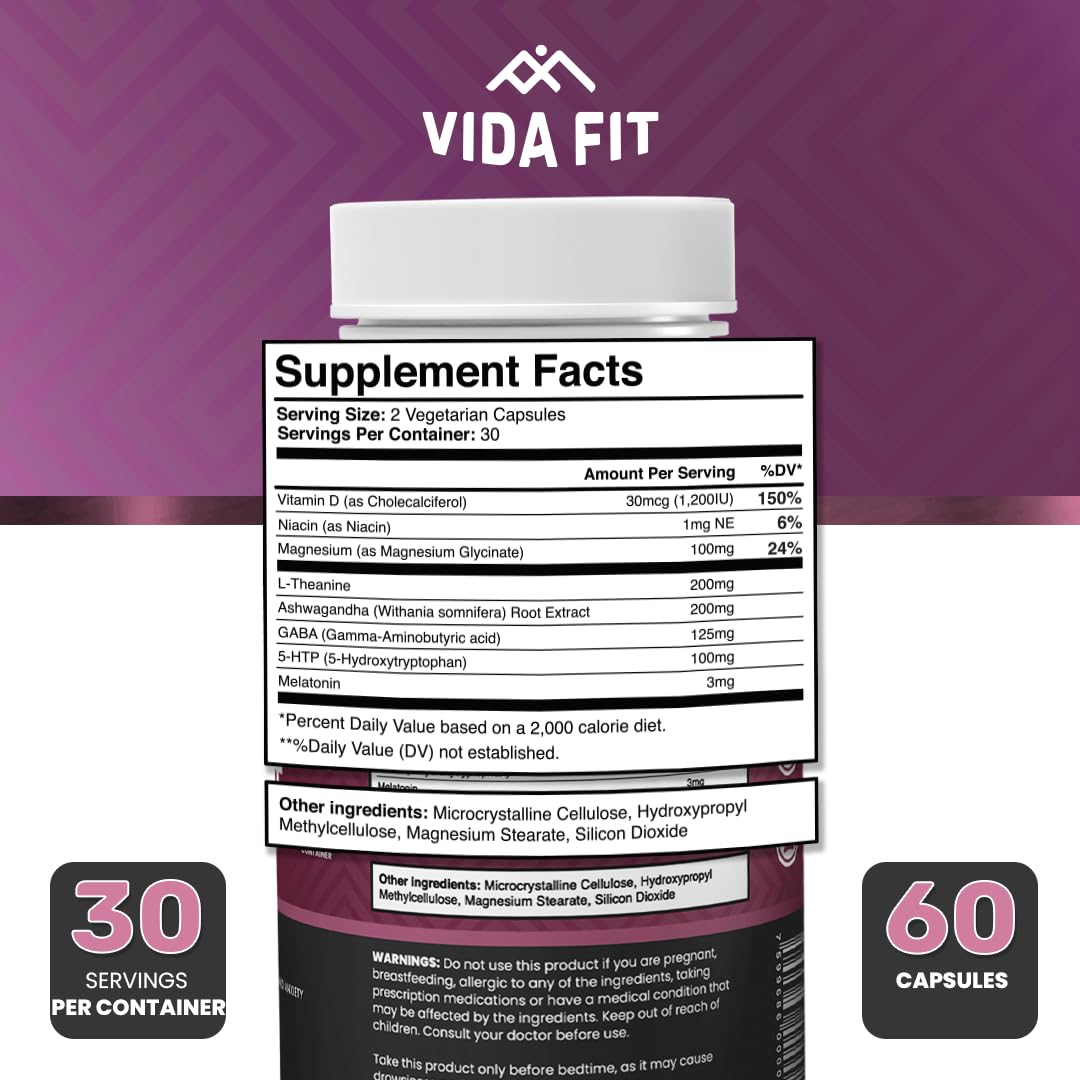 Good Night Natural Sleep Aid for Adults – Melatonin 3mg, Magnesium Glycinate, Ashwagandha, L Theanine, GABA, 5-HTP, Vitamin D, Niacin, 30 Days Supply