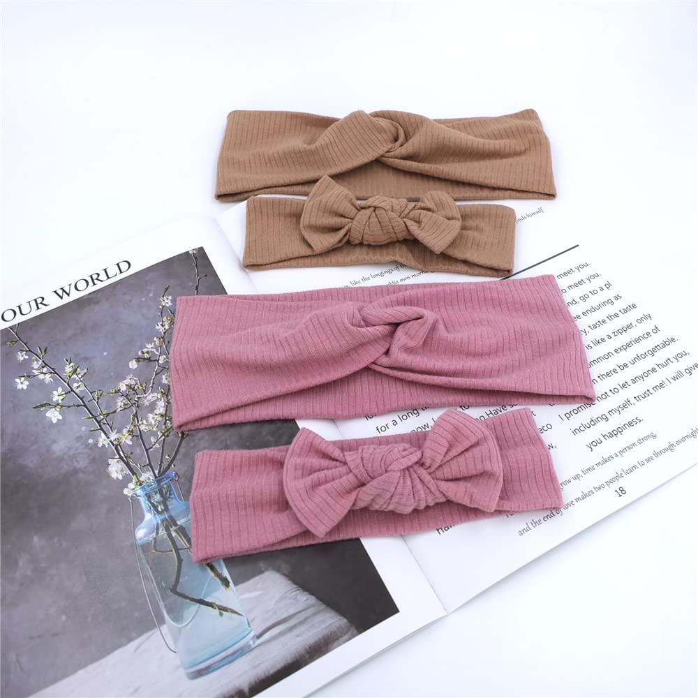 Mommy and Me Headband Set Mother Baby Matching Turban Headbands for Toddler Baby Girls Women Scrunchies Hair Bow Hairbands (Mauve and Latte)