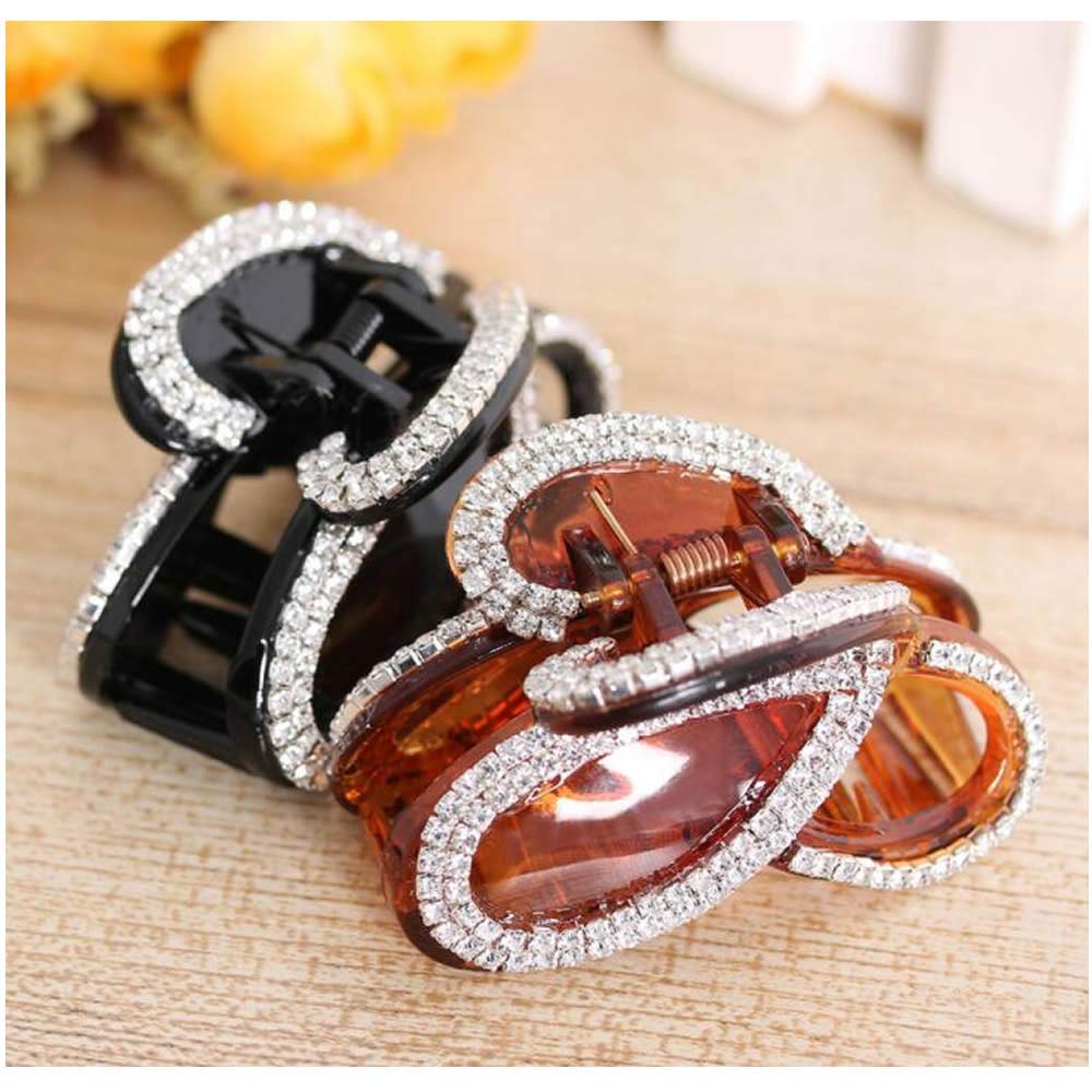 RAYNAG Set of 2 Elegant Rhinestones Claw Clip Jaw Clips For Thick Hair (Black+Brown)