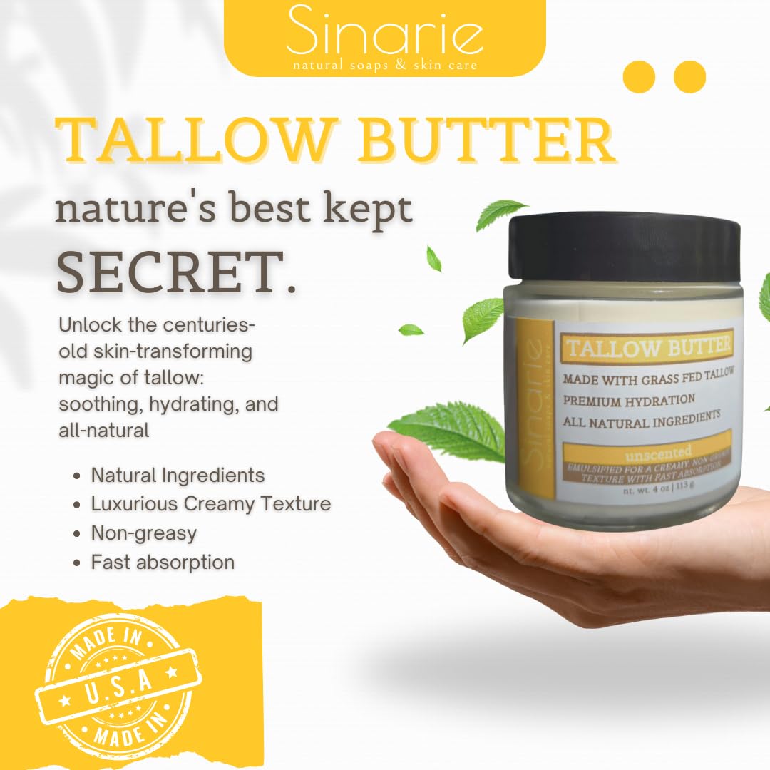 Sinarie Grass-Fed Beef Tallow Body Butter - Emulsified, Non-Greasy Moisturizer, 4 oz Soaps & Skin Care (4 oz., Unscented)