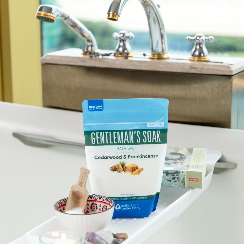 New Gentleman’s Soak Bath Salt 2-Lbs (32 Ounces) - Epsom Salt Bath Soak With Cedarwood, Frankincense, Eucalyptus, & Peppermint Essential Oils Plus Vitamin C Crystals - Bath Salts For Men