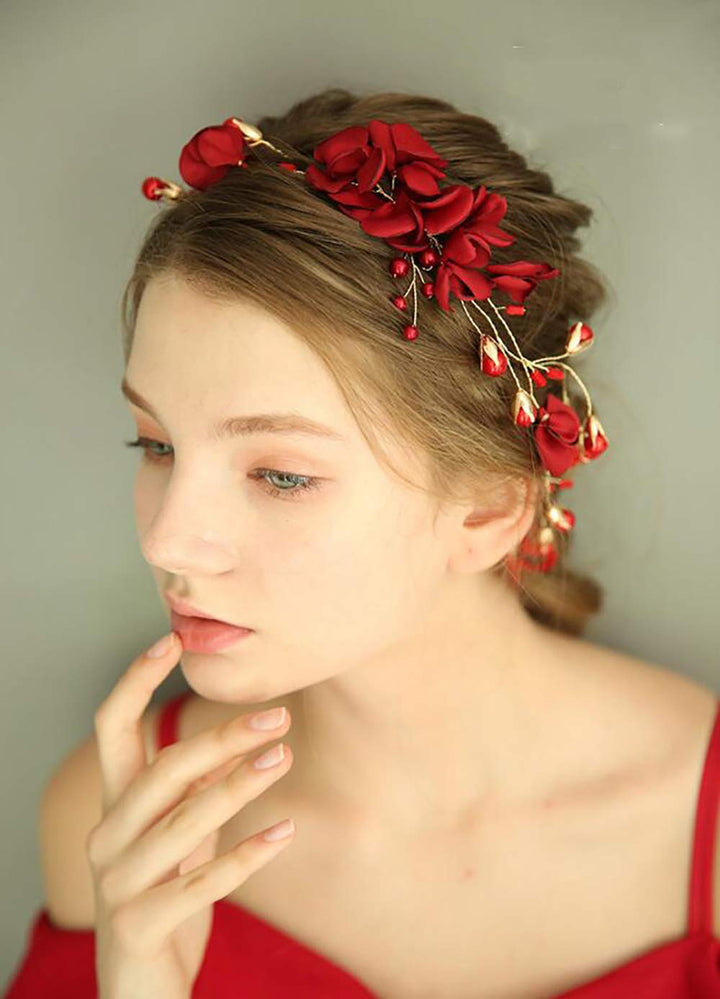 Chargances Wedding Bride Floral Red Headband Crystal Gold Hair Vine with Pearl Rhinestone Hair Accessory Boho Delicate Hair Piece Jewelry for Women and Girls