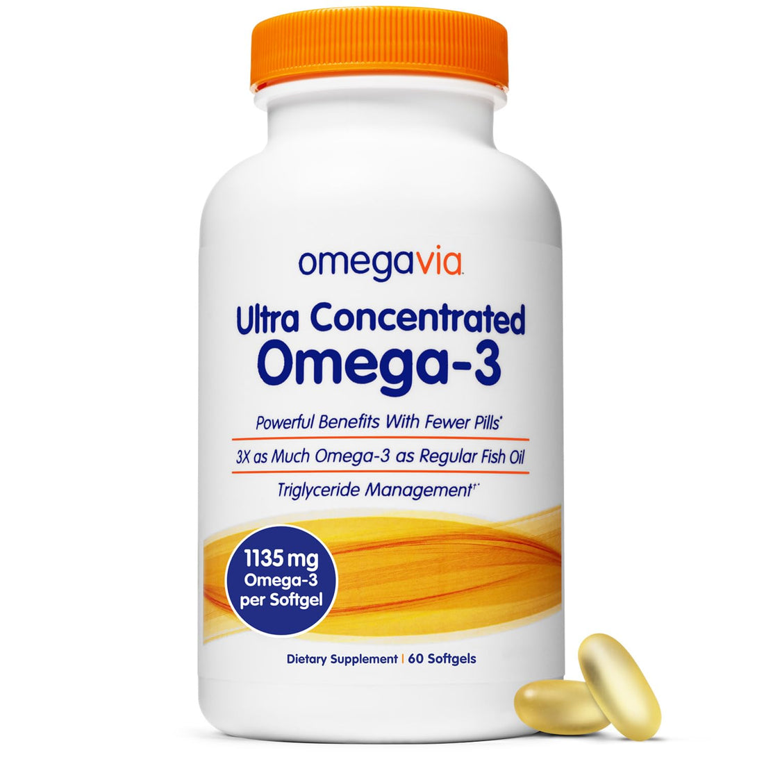 OmegaVia Ultra Concentrated Omega 3 Fish Oil Burpless, 60 Softgels, Triple Strength Omega 3 Fish Oil Supplements, 1135 mg Pure Omega3, No Fishy Burps, High EPA DHA DPA, IFOS 5-Star