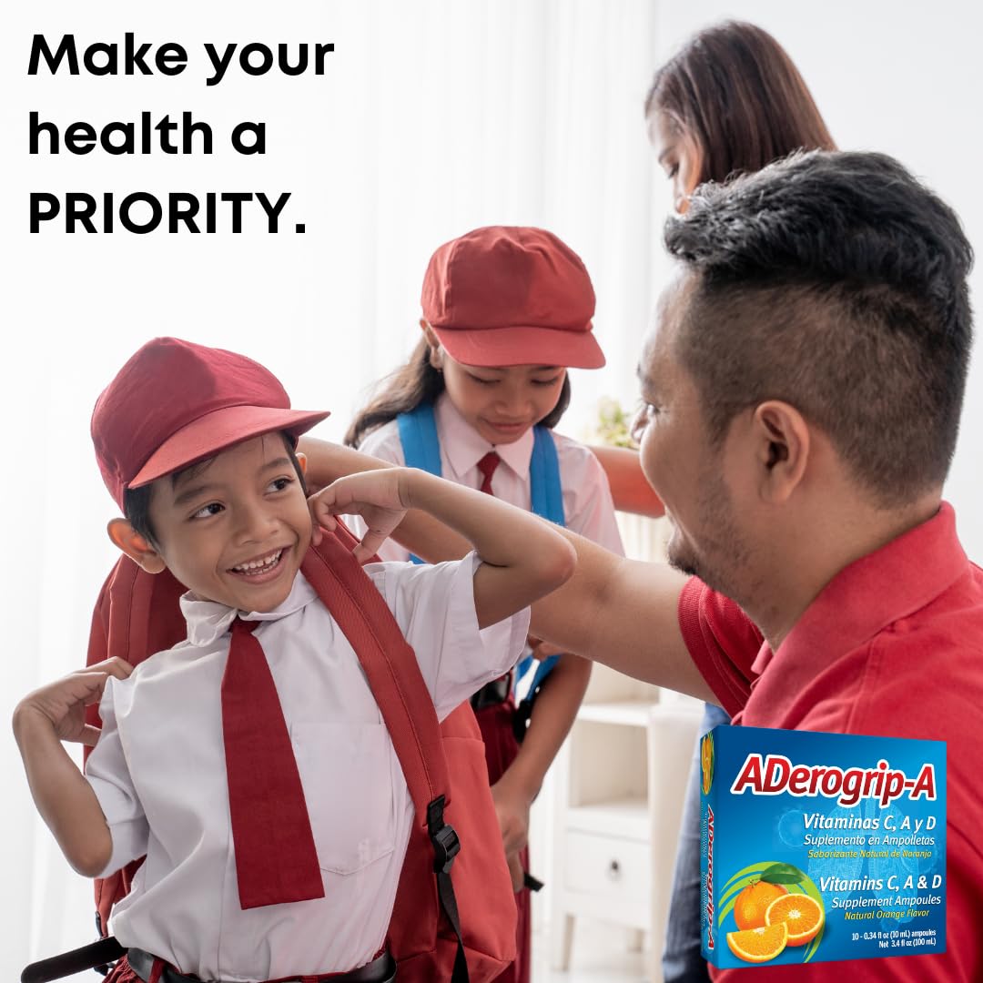 ADEROGRIP-A Aderogripa Immune Support Vitamins C, A & D | Liquid Supplement | 10 Natural Orange Flavor Ampoules | Boost Your Immune System | Box of 10 x 10ml Ampoules | Suplemento en Ampolletas