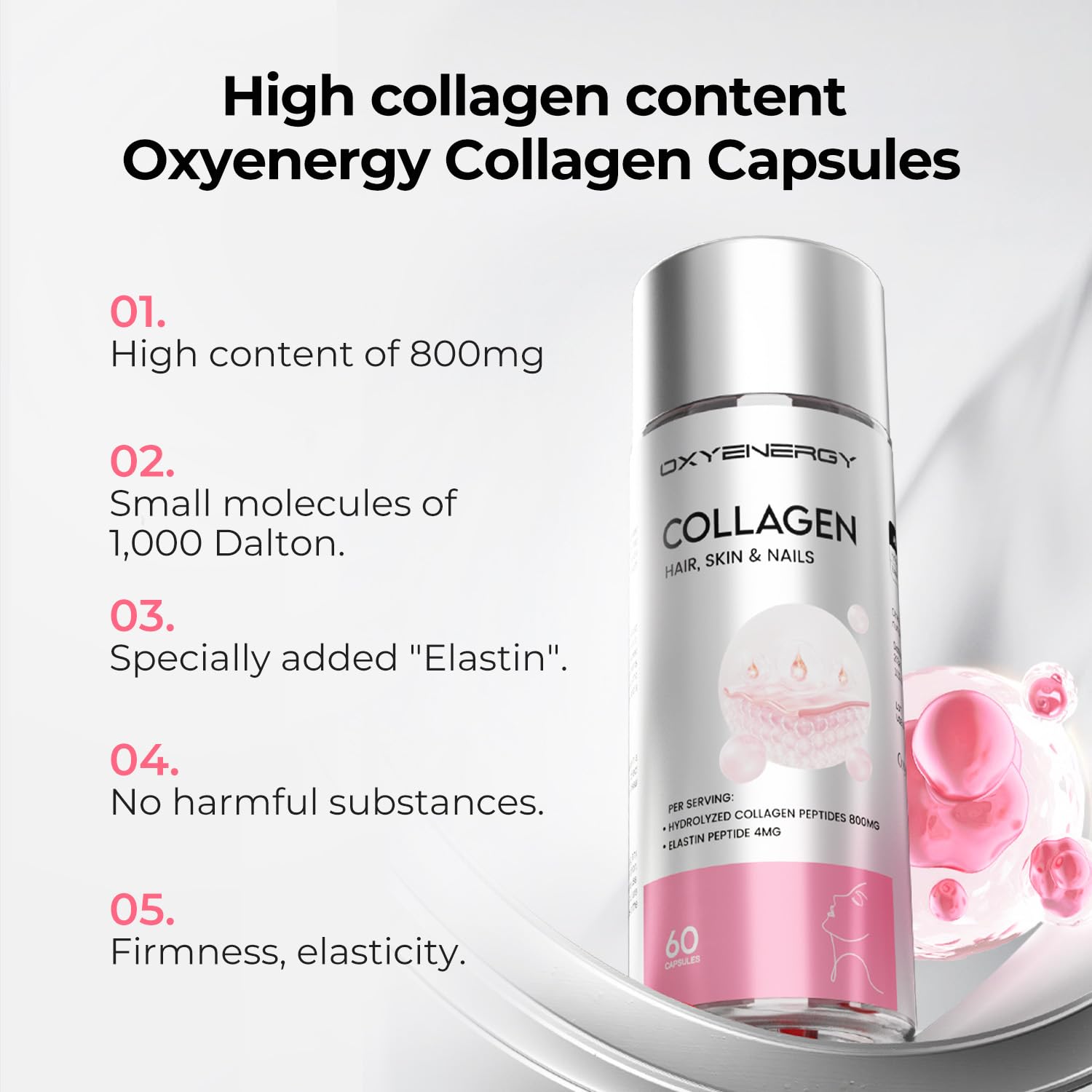 OxyEnergy Collagen Peptides Capsules for Women, 800mg Hydrolyzed Collagen(Types I) Supplements with Elastin Peptides, 60 Collagen Pills to Promotes Hair, Nail, Skin, Colágeno en Capsulas