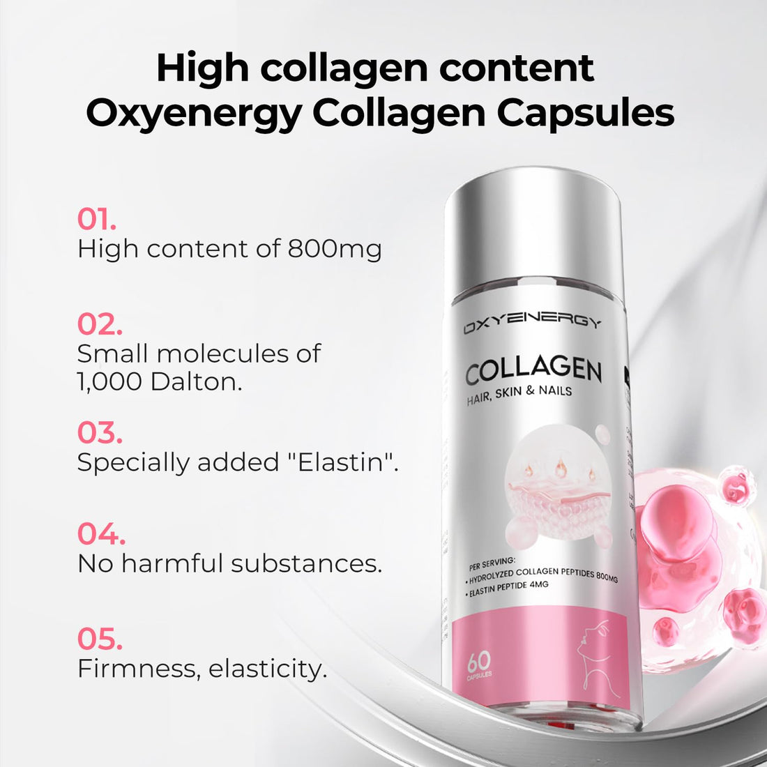 OxyEnergy Collagen Peptides Capsules for Women, 800mg Hydrolyzed Collagen(Types I) Supplements with Elastin Peptides, 60 Collagen Pills to Promotes Hair, Nail, Skin, Colágeno en Capsulas
