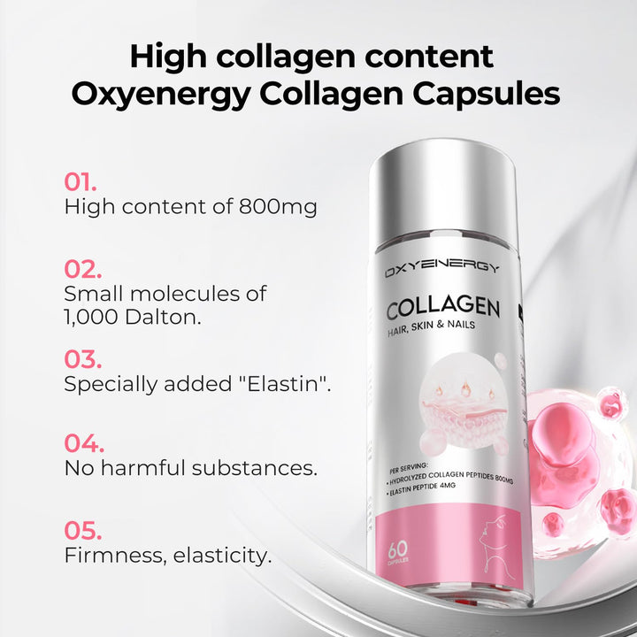 OxyEnergy Collagen Peptides Capsules for Women, 800mg Hydrolyzed Collagen(Types I) Supplements with Elastin Peptides, 60 Collagen Pills to Promotes Hair, Nail, Skin, Colágeno en Capsulas