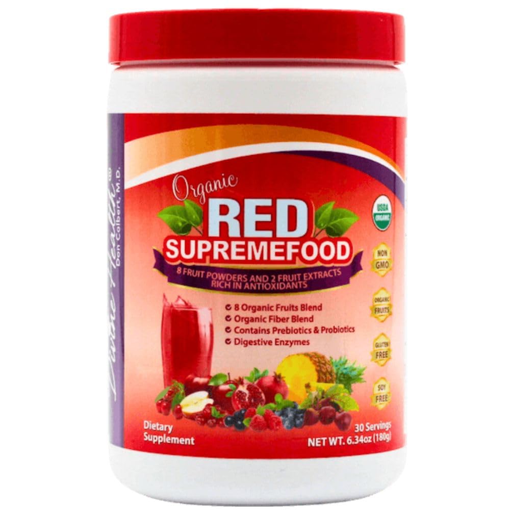 Divine Health Organic Red Supremefood® | 10 Organic Fruits + Probiotics, Enzymes, Herbs, Fiber & Antioxidants | Non-GMO Berry Flavored Blend | (180g) (30 Day Supply)