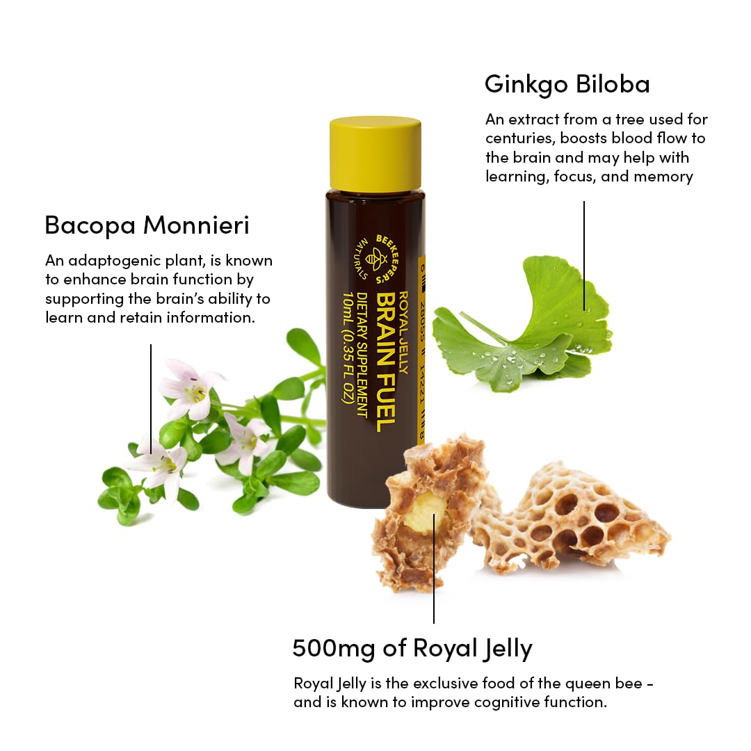 BEEKEEPER'S NATURALS B.LXR Brain Fuel - Memory, Focus and Clarity Liquid Formula, Supports Productivity Royal Jelly, Ginkgo Biloba, Bacopa Monnieri Keto Friendly, Gluten & Caffeine-Free, (6 ct)