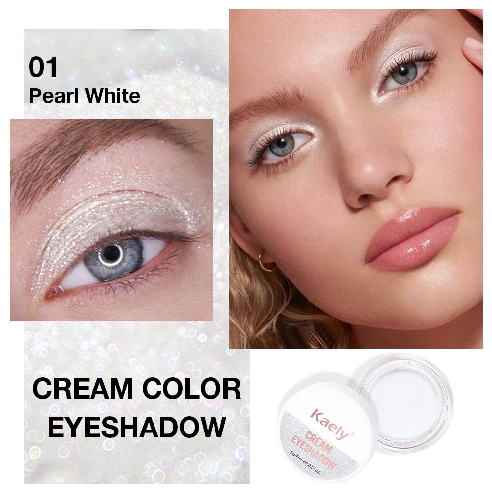 Kaely Single Cream Eyeshadow Pot, Pearl White Sparkle Highly Pigmented Monochrome Eye Shadow Palette Makeup, Waterproof Natural Mini Eyeshadow Brightener, sombras en crema para ojos, Blendable, 01