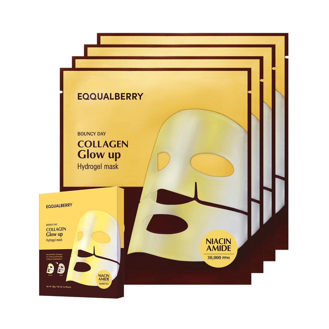 EQQUALBERRY Collagen Glow Up Mask - Niacinamide & Low Molecular Collagen for Brightening and Radiance Boosting | Korean Collagen Face Mask for Glass Skin, 4 Sheets, 1.01 OZ.