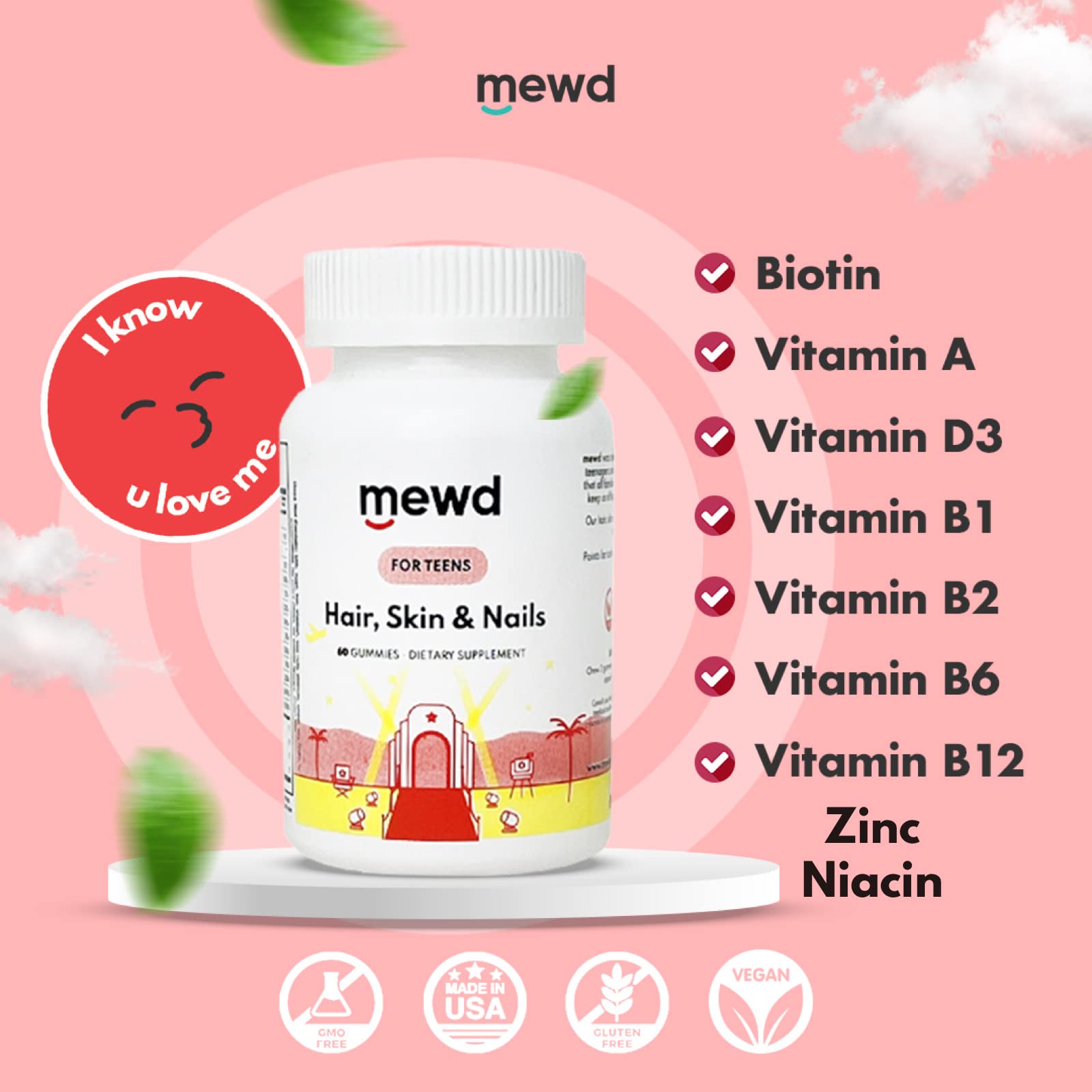 MEWD Teen and Kids Hair, Skin+Nails Daily Multivitamin Gummy Strengthener Formula - Chewable Vitamin Supplements with Biotin,Zinc,Vitamins A, B, & D3 for Girls & Boys, 60, Made in USA